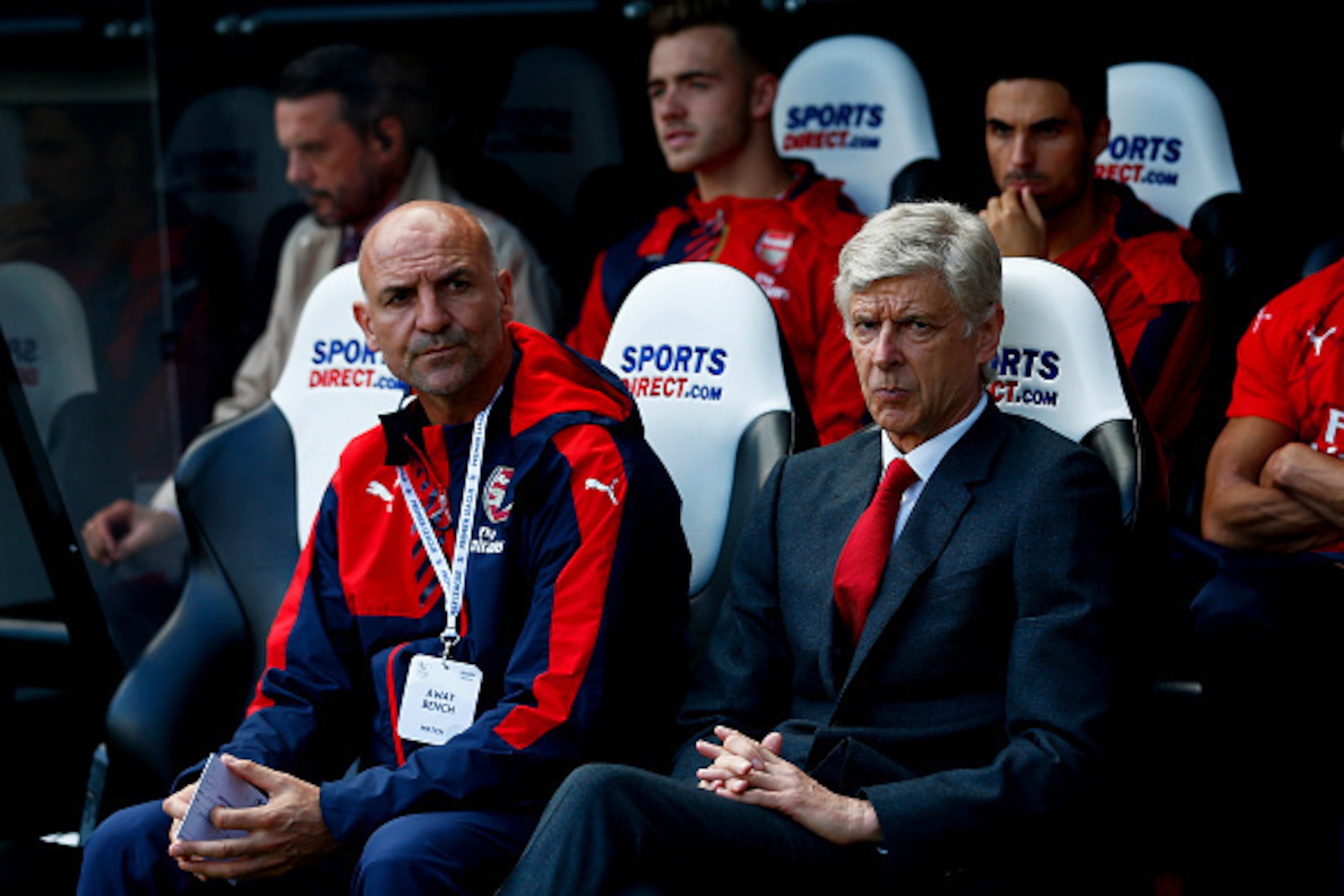 NEWCASTLE UPON TYNE, ENGLAND - AUGUST 29: Head coach Arsene Wenger of Arsenal is seen on the bench during the Barclays Premier League match between Newcastle United and Arsenal at St James' Park on August 29, 2015 in Newcastle upon Tyne, England.  (Photo 
