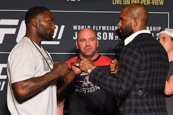 LAS VEGAS, NV - SEPTEMBER 03:  (L-R) Opponents Anthony Johnson and Jimi Manuwa of England face off during the UFC 191 Ultimate Media Day at MGM Grand Hotel & Casino on September 3, 2015 in Las Vegas, Nevada. (Photo by Josh Hedges/Zuffa LLC/Zuffa LLC via G