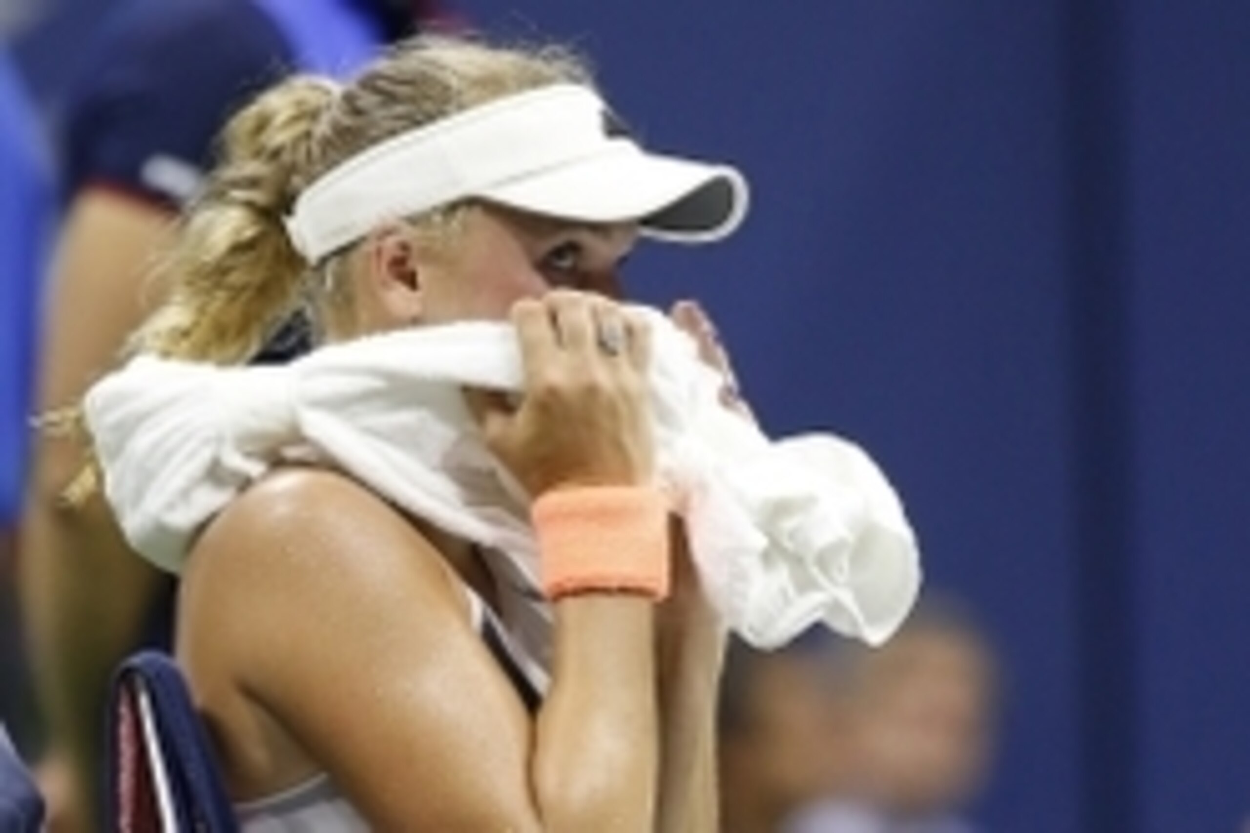 Sep 3, 2015; New York, NY, USA; Caroline Wozniacki of Denmark sits in her chair against Petra Cetkovska of the Czech Republic (not pictured) on day four of the 2015 U.S. Open tennis tournament at USTA Billie Jean King National Tennis Center. Mandatory Cre