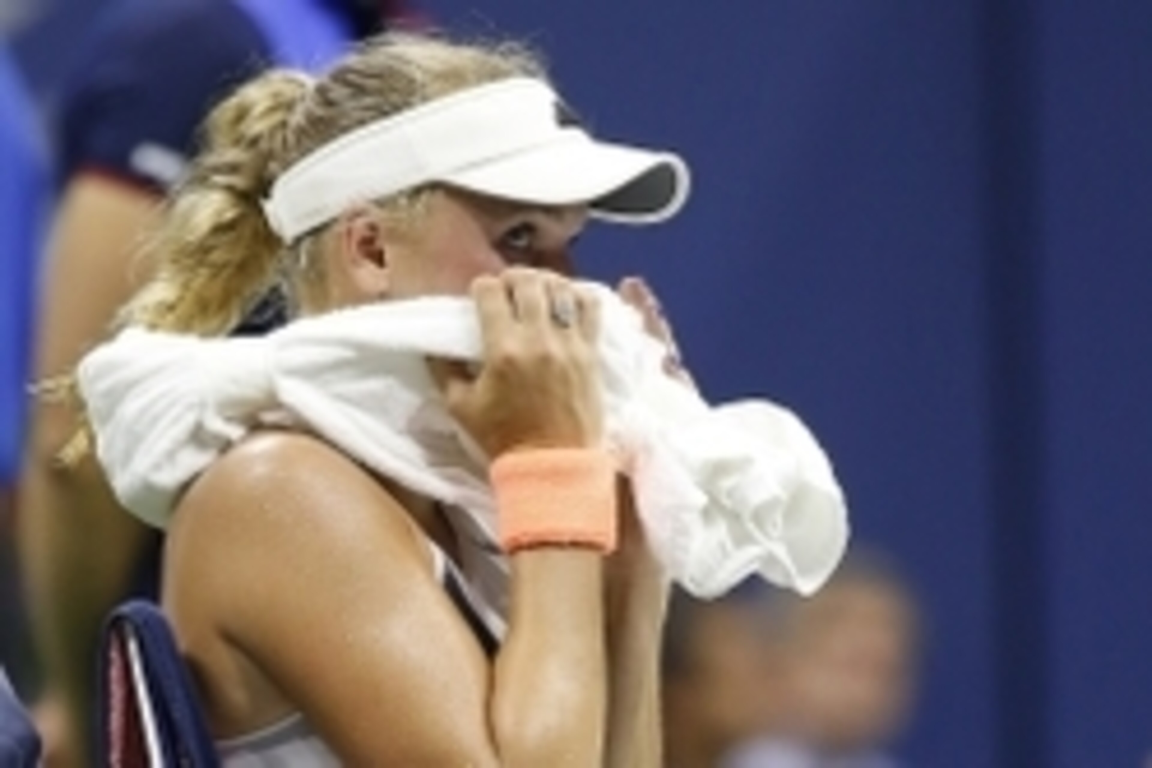 Sep 3, 2015; New York, NY, USA; Caroline Wozniacki of Denmark sits in her chair against Petra Cetkovska of the Czech Republic (not pictured) on day four of the 2015 U.S. Open tennis tournament at USTA Billie Jean King National Tennis Center. Mandatory Cre