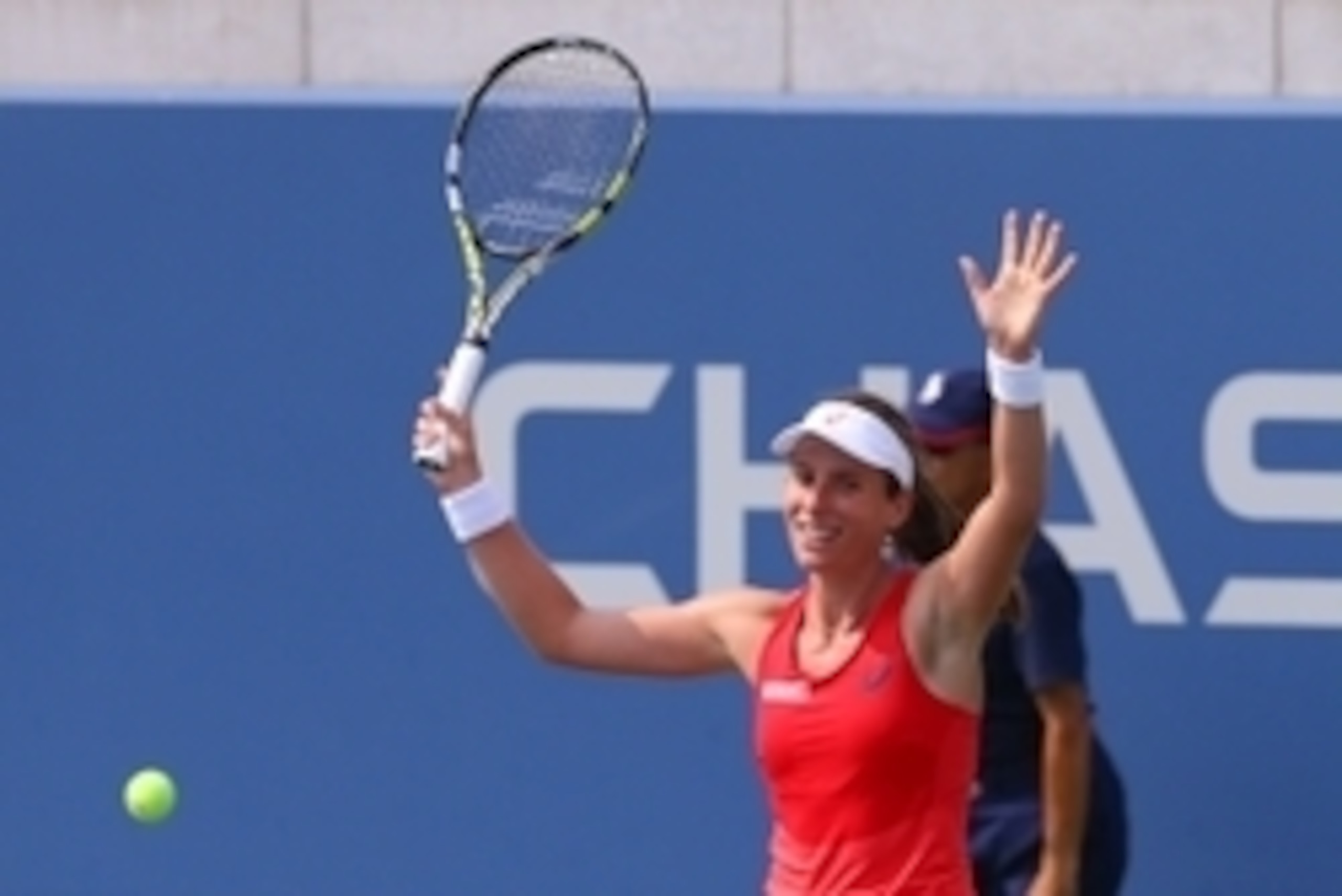 Sep 3, 2015; New York, NY, USA; Johanna Konta of Great Britain celebrates after defeating Garbine Muguruza of Spain on day four of the 2015 U.S. Open tennis tournament at USTA Billie Jean King National Tennis Center. Mandatory Credit: Jerry Lai-USA TODAY 