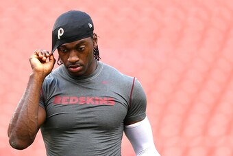 LANDOVER, MD - SEPTEMBER 03: Quarterback Robert Griffin III #10 of the Washington Redskins looks on during warmups before playing against the Jacksonville Jaguars at FedExField on September 3, 2015 in Landover, Maryland. (Photo by Patrick Smith/Getty Imag