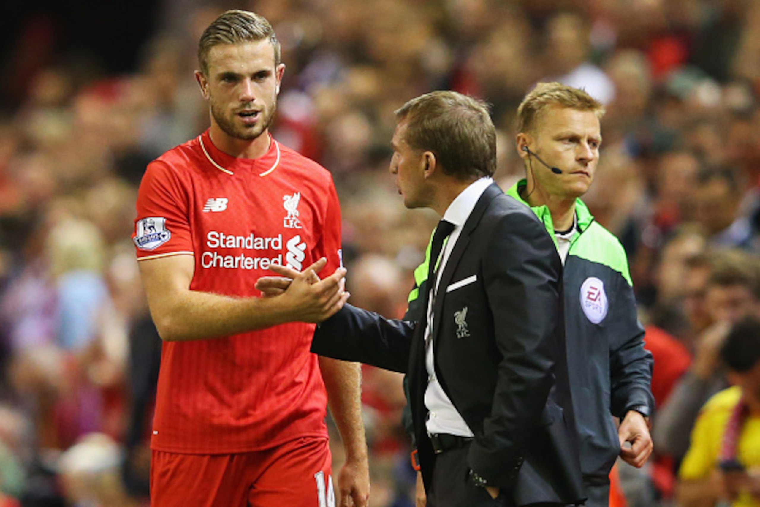 LIVERPOOL, ENGLAND - AUGUST 17: Jordan Henderson of Liverpool shakes hands with Brendan Rodgers manager of Liverpool as he is substituted during the Barclays Premier League match between Liverpool and A.F.C. Bournemouth at Anfield on August 17, 2015 in L LIVERPOOL, ENGLAND - AUGUST 17: Jordan Henderson of Liverpool shakes hands with Brendan Rodgers manager of Liverpool as he is substituted during the Barclays Premier League match between Liverpool and A.F.C. Bournemouth at Anfield on August 17, 2015 in L