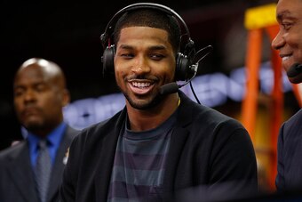 CLEVELAND, OH - JUNE 9: Tristan Thompson #13 of the Cleveland Cavaliers speaks to NBA TV commentators after a game against the Golden State Warriors during Game Three of the 2015 NBA Finals at The Quicken Loans Arena on June 9, 2015 in Cleveland, Ohio. NO