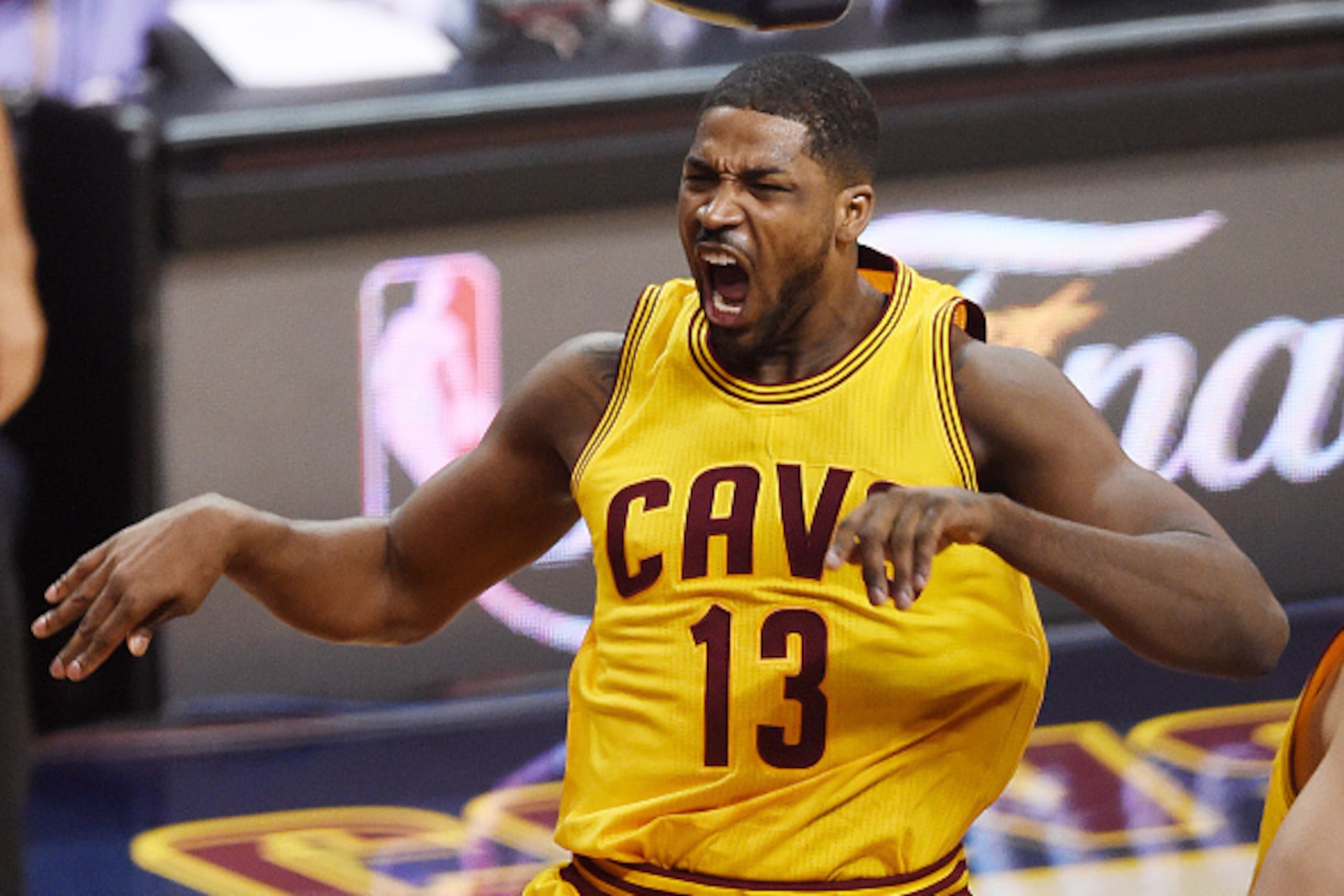 CLEVELAND, OH - JUNE 09:  Tristan Thompson #13 of the Cleveland Cavaliers reacts after dunking against the Golden State Warriors during Game Three of the 2015 NBA Finals at Quicken Loans Arena on June 9, 2015 in Cleveland, Ohio.  NOTE TO USER: User expres