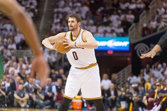 CLEVELAND, OH - APRIL 21: Kevin Love #0 of the Cleveland Cavaliers looks to pass in the first half against the Boston Celtics during Game Two in the Eastern Conference Quarterfinals of the 2015 NBA Playoffs 2015 at Quicken Loans Arena on April 21, 2015 in