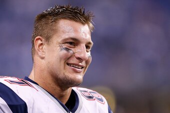 INDIANAPOLIS, IN - NOVEMBER 16: Rob Gronkowski #87 of the New England Patriots looks on against the Indianapolis Colts during the game at Lucas Oil Stadium on November 16, 2014 in Indianapolis, Indiana. The Patriots defeated the Colts 42-20. (Photo by Joe