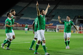 FARO, PORTUGAL - SEPTEMBER 04:  Robbie Keane of Republic of Ireland celebrates after scoring Ireland's 2nd goal during the UEFA EURO 2016 Qualifier between Gibraltar and Republic of Ireland at Estadio Algarve on September 4, 2015 in Faro, Portugal.  (Phot