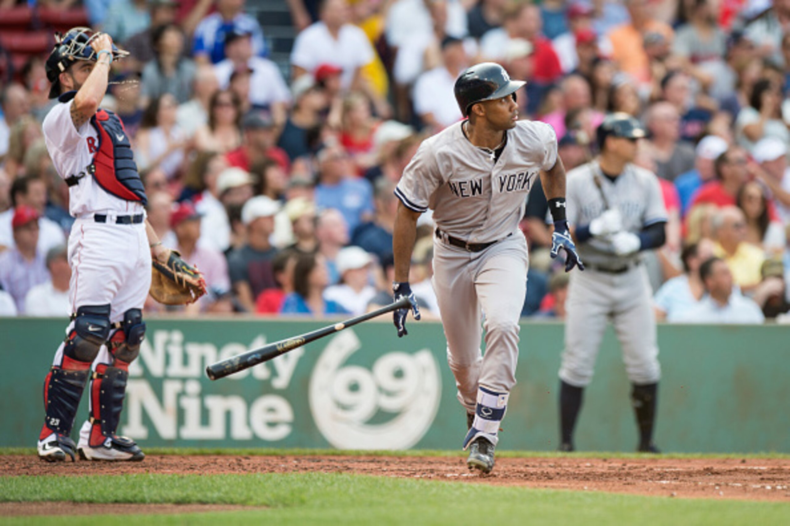 BOSTON, MA - SEPTEMBER 2: Chris Young #24 of the New York Yankees hits an RBI single against the Boston Red Sox during the second inning at Fenway Park on September 2, 2015 in Boston, Massachusetts. (Photo by Michael Ivins/Boston Red Sox/Getty Images)