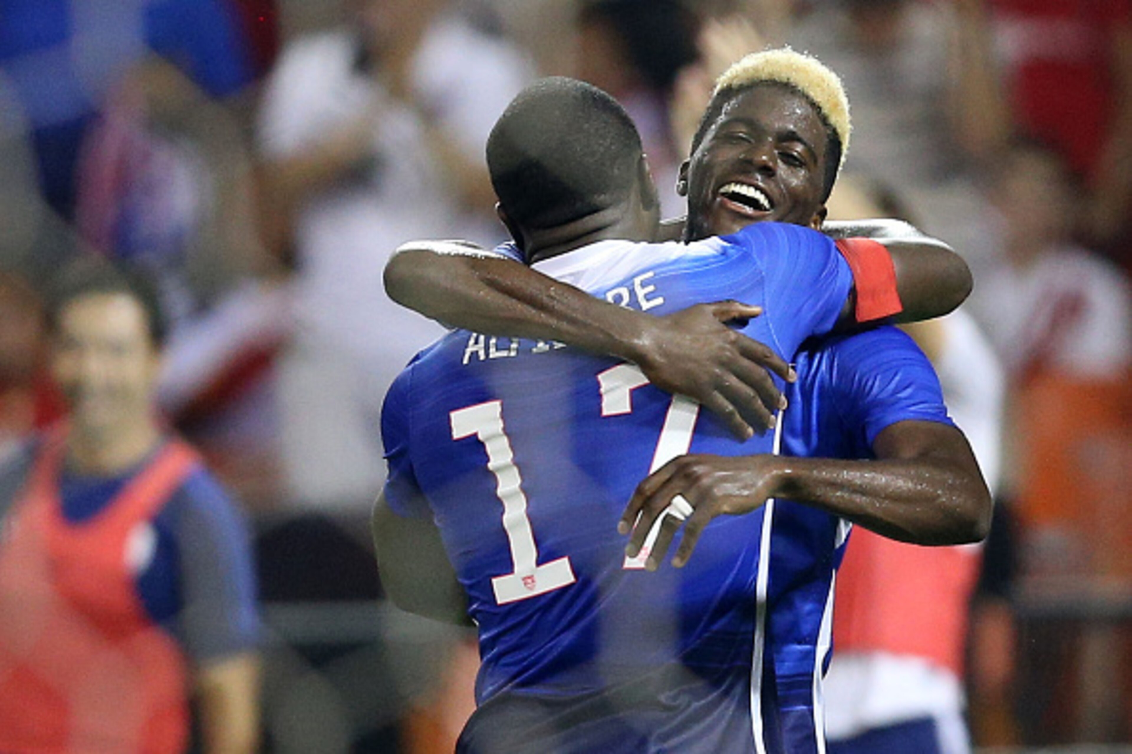 WASHINGTON, DC - SEPTEMBER 04: Jozy Altidore #17 of the United States celebrates with teammate Gyasi Zardes #21 after scoring against Peru in the second half during an international friendly at RFK Stadium on September 4, 2015 in Washington, DC. (Photo by