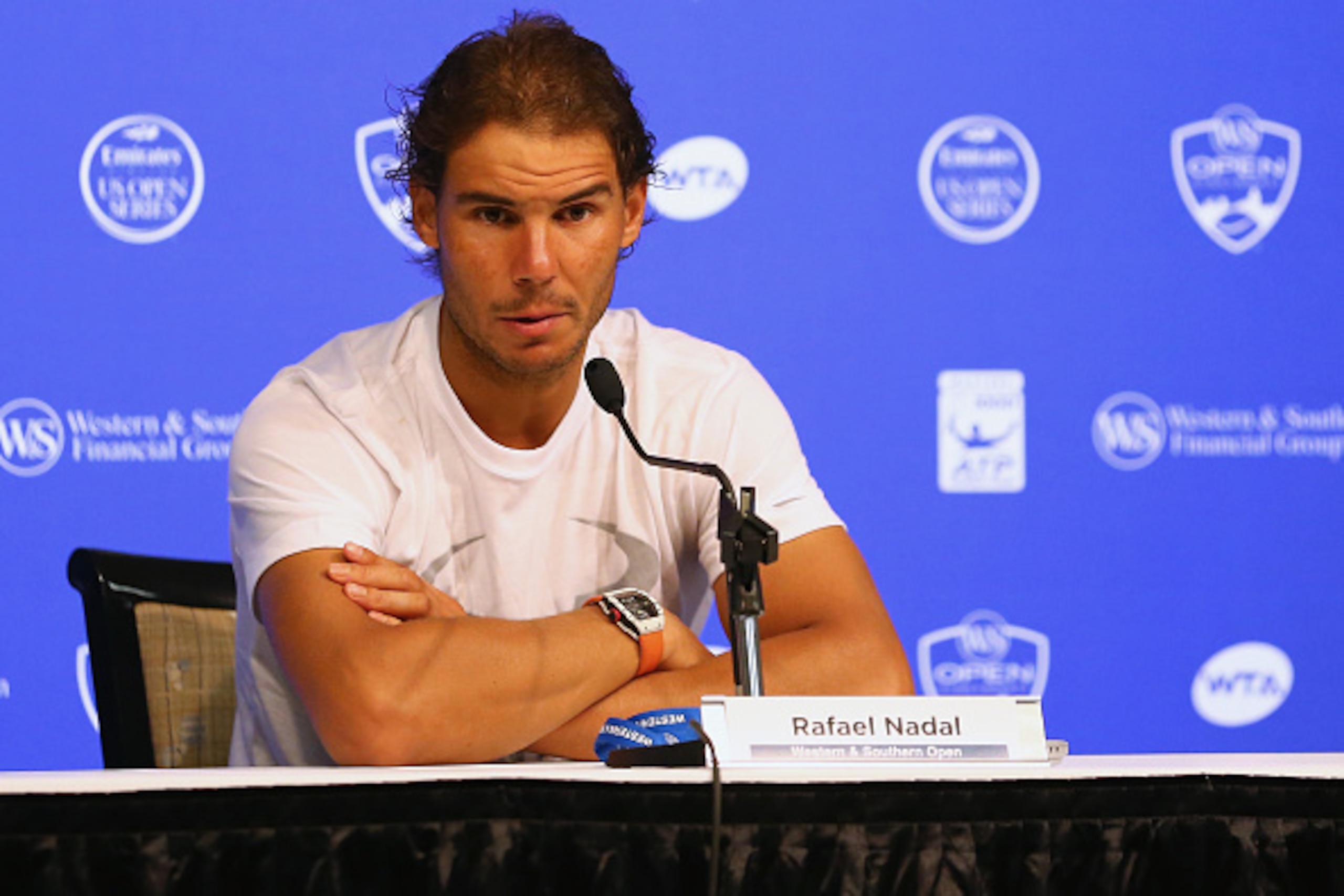 CINCINNATI, OH - AUGUST 17:  Rafael Nadal addresses the media in a press conference during Day 3 of the Western & Southern Open at the Linder Family Tennis Center on August 17, 2015 in Cincinnati, Ohio.  (Photo by Maddie Meyer/Getty Images)