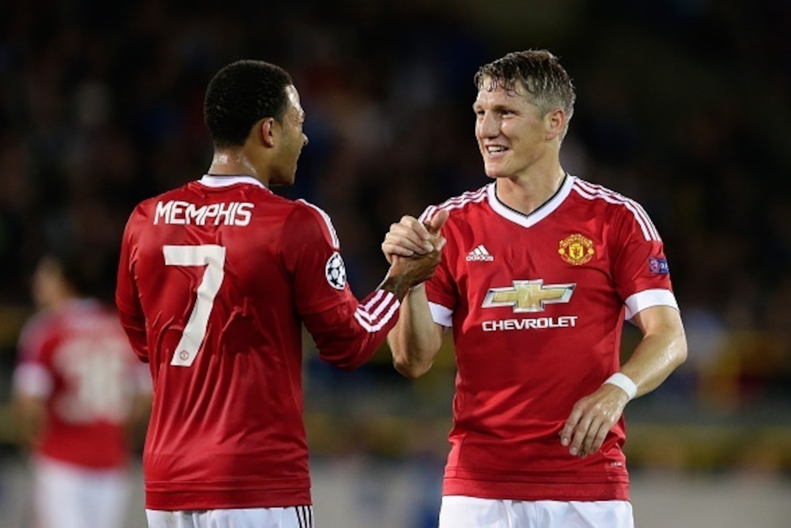 (L-R) Memphis Depay of Manchester United, Bastian Schweinsteiger of Manchester United during the UEFA Champions League play-offs match between Club Brugge and Manchester United on August 26, 2015 at the Jan Breydel stadium in Brugge, Belgium.(Photo by VI 