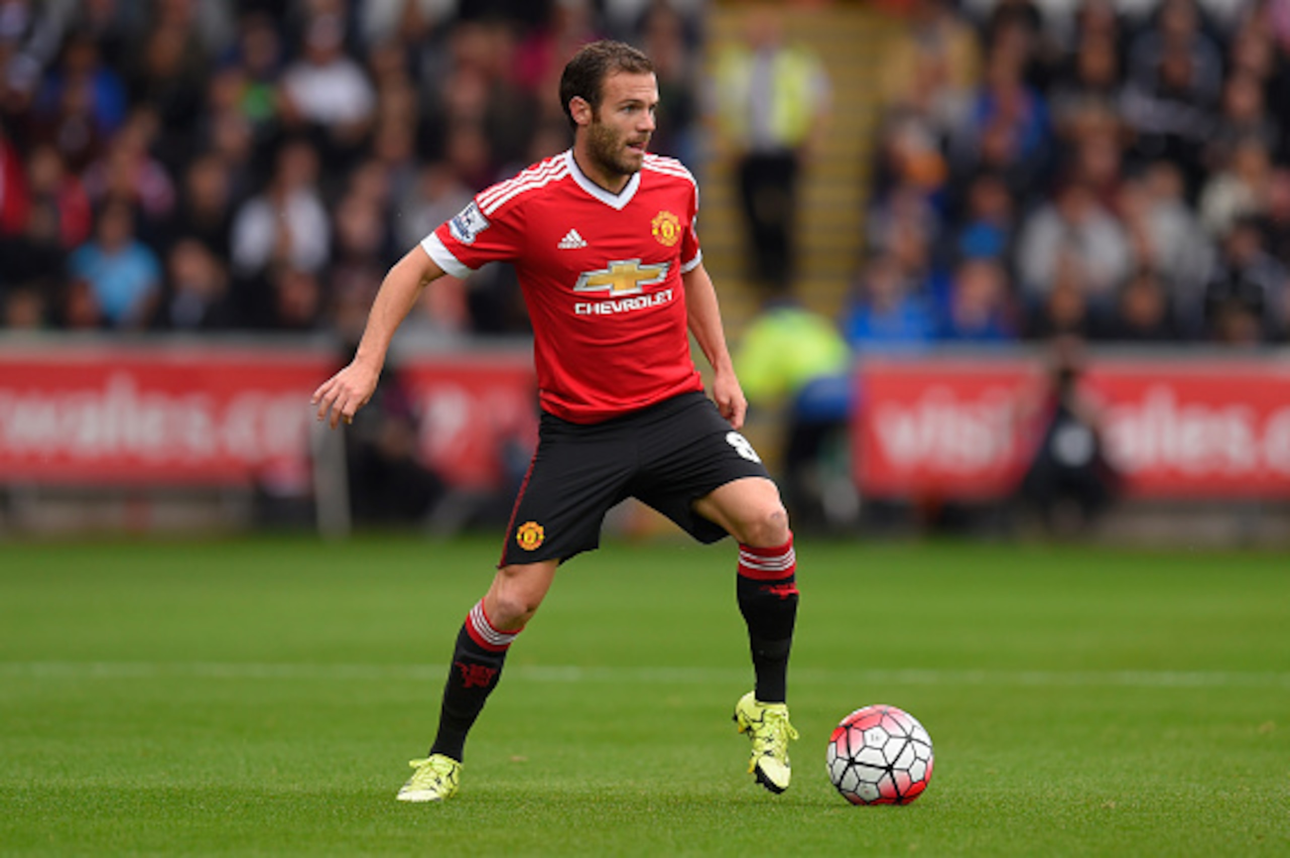 SWANSEA, WALES - AUGUST 30:  Manchester United player Juan Mata in action during the Barclays Premier League match between Swansea City and Manchester United on August 30, 2015 in Swansea, United Kingdom.  (Photo by Stu Forster/Getty Images)