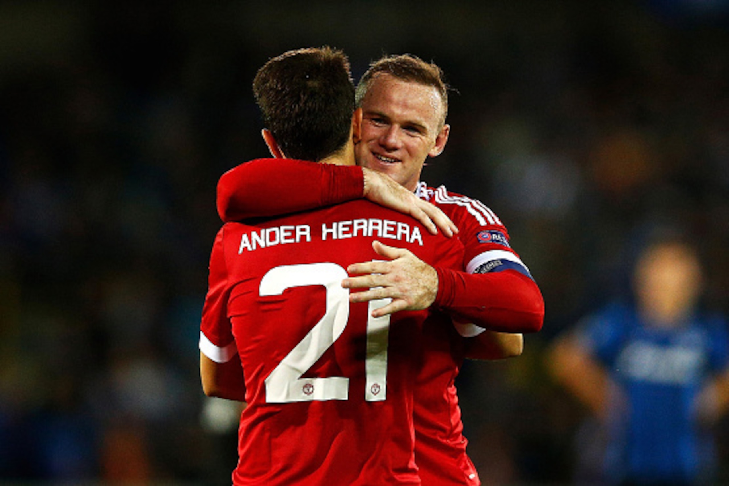 BRUGGE, BELGIUM - AUGUST 26:  Wayne Rooney of Manchester United congratulates fellow goalscorer Ander Herrera of Manchester United during the UEFA Champions League qualifying round play off 2nd leg match between Club Brugge and Manchester United held at J