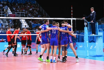 BAKU, AZERBAIJAN - JUNE 16:  Russia players celebrate during the Men's Volleyball Group B match between Russia and Belgium at Crystal Hall on day four of the Baku 2015 European Games on June 16, 2015 in Baku, Azerbaijan.  (Photo by David Ramos/Getty Image
