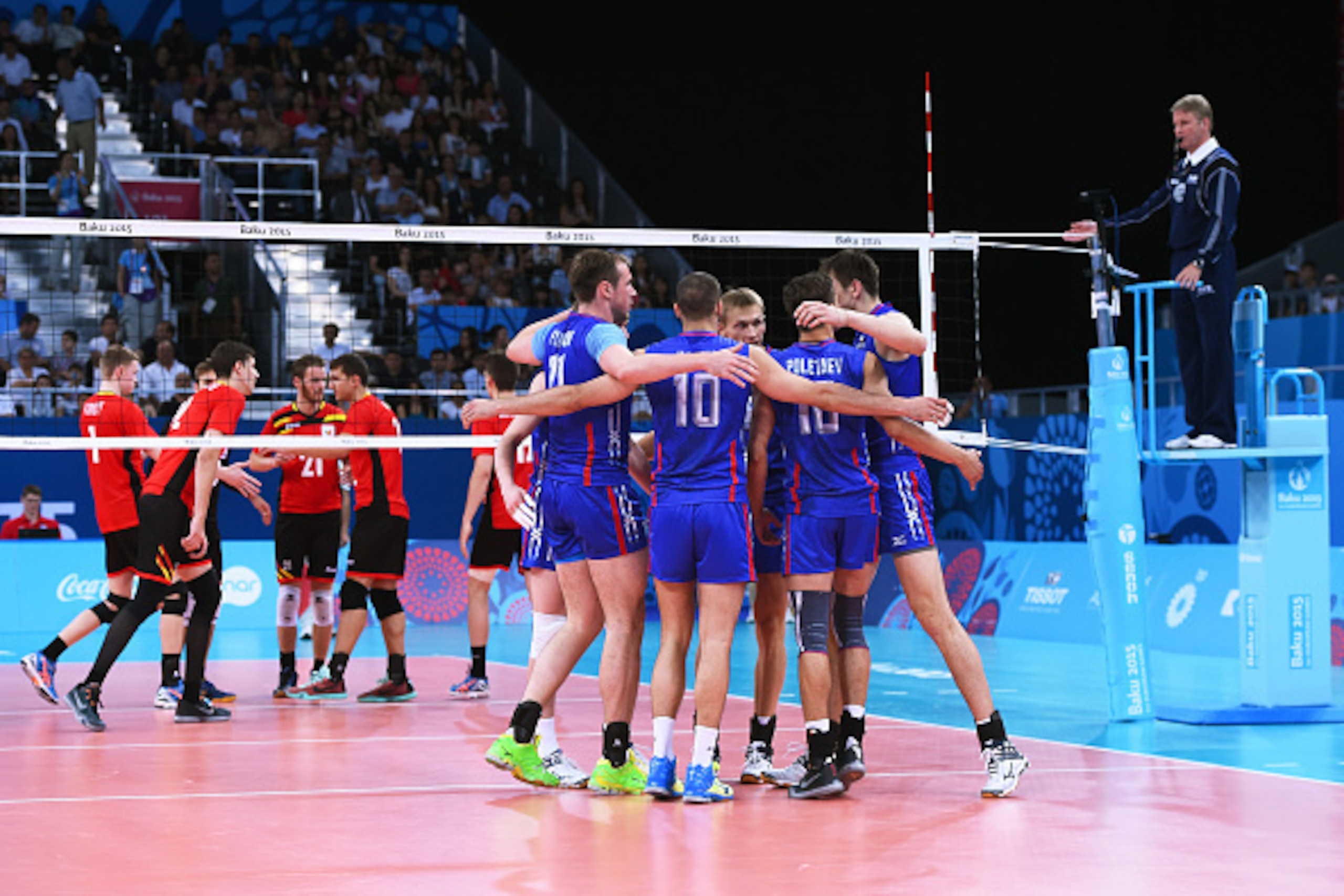 BAKU, AZERBAIJAN - JUNE 16:  Russia players celebrate during the Men's Volleyball Group B match between Russia and Belgium at Crystal Hall on day four of the Baku 2015 European Games on June 16, 2015 in Baku, Azerbaijan.  (Photo by David Ramos/Getty Image