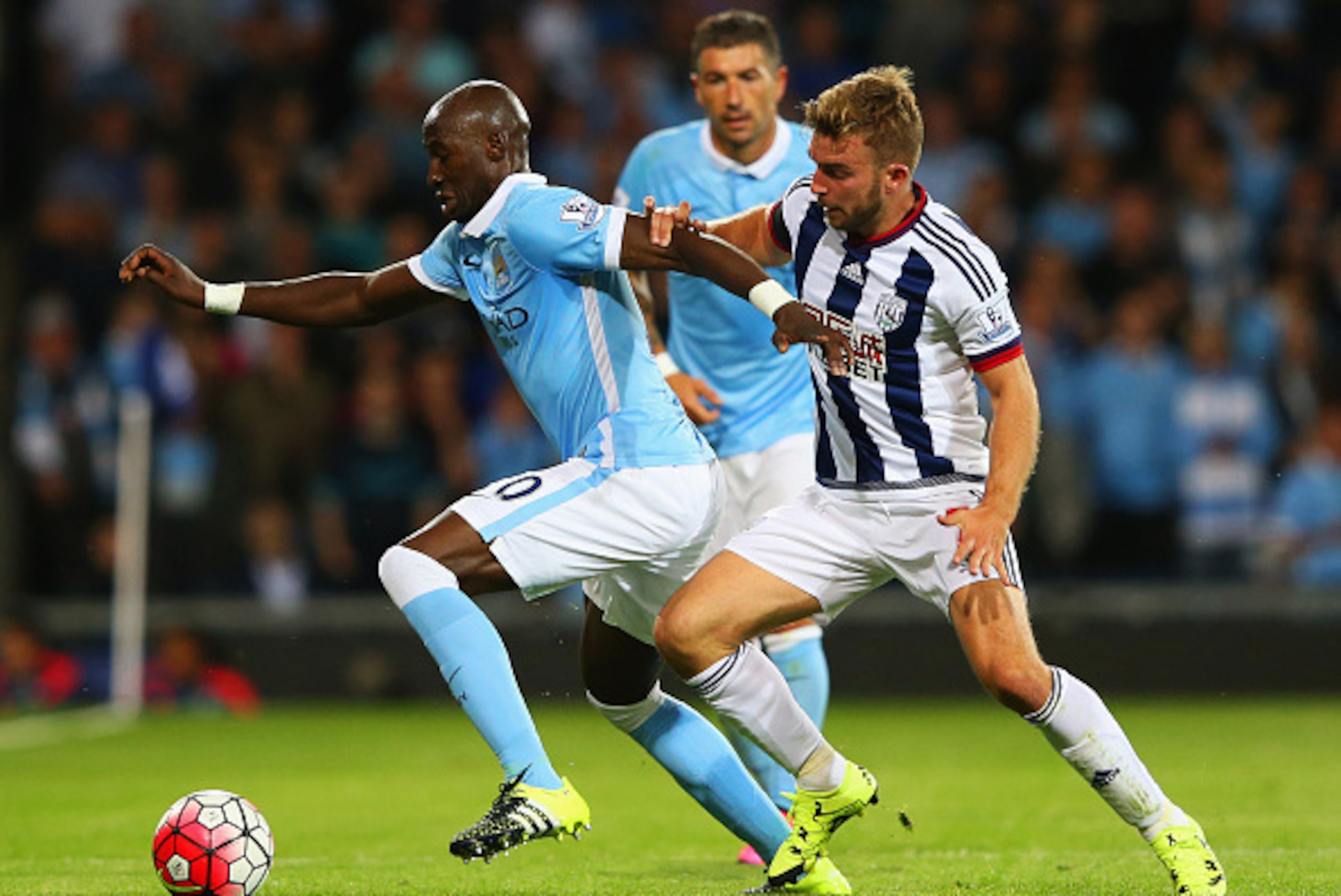 WEST BROMWICH, ENGLAND - AUGUST 10:  Eliaquim Mangala of Manchester City evades James Morrison of West Bromwich Albion during the Barclays Premier League match between West Bromwich Albion and Manchester City at The Hawthorns on August 10, 2015 in West Br