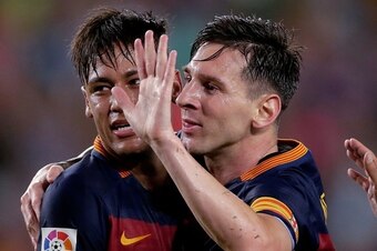 (L-R) Neymar da Silva Santos Junior of FC Barcelona, Lionel Messi of FC Barcelona celebrate the 2-0 against AS Roma during the Joan Gamper Trophy match between Barcelona and AS Roma on August 5, 2015 at the Camp Nou stadium in Barcelona, Spain.(Photo by V