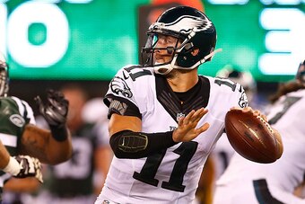 EAST RUTHERFORD, NJ - SEPTEMBER 03: Quarterback Tim Tebow #11 of the Philadelphia Eagles looks to pass against the New York Jets in the fourth quarter during a pre-season game at MetLife Stadium on September 3, 2015 in East Rutherford, New Jersey. (Photo 