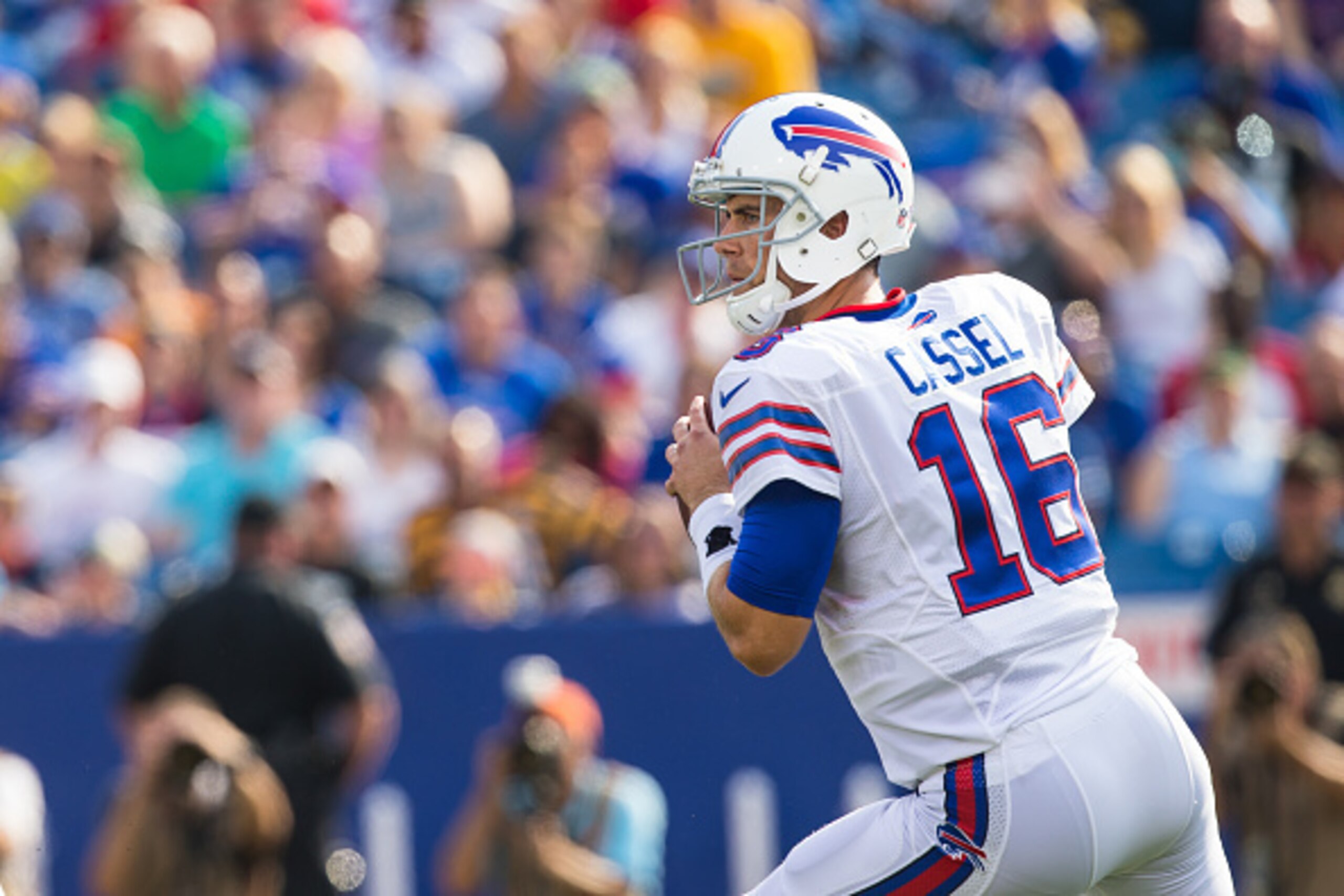 ORCHARD PARK, NY - AUGUST 29:  Matt Cassel #16 of the Buffalo Bills drops back to pass during a preseason game against the Pittsburgh Steelers on August 29, 2015 at Ralph Wilson Stadium in Orchard Park, New York.  Buffalo defeats Pittsburgh 43-19.  (Photo