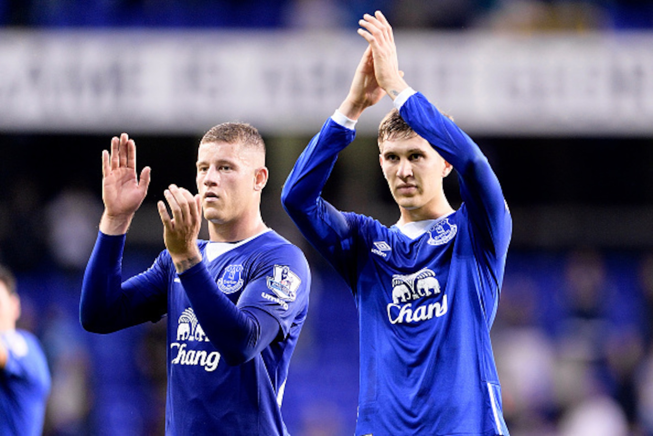 LONDON, ENGLAND - AUGUST 29:  Ross Barkley (L) and John Stones of Everton clap to the fans after the Barclays Premier League match between Tottenham Hotspur and Everton at White Hart Lane on August 29, 2015 in London, United Kingdom.  (Photo by Tony McArd