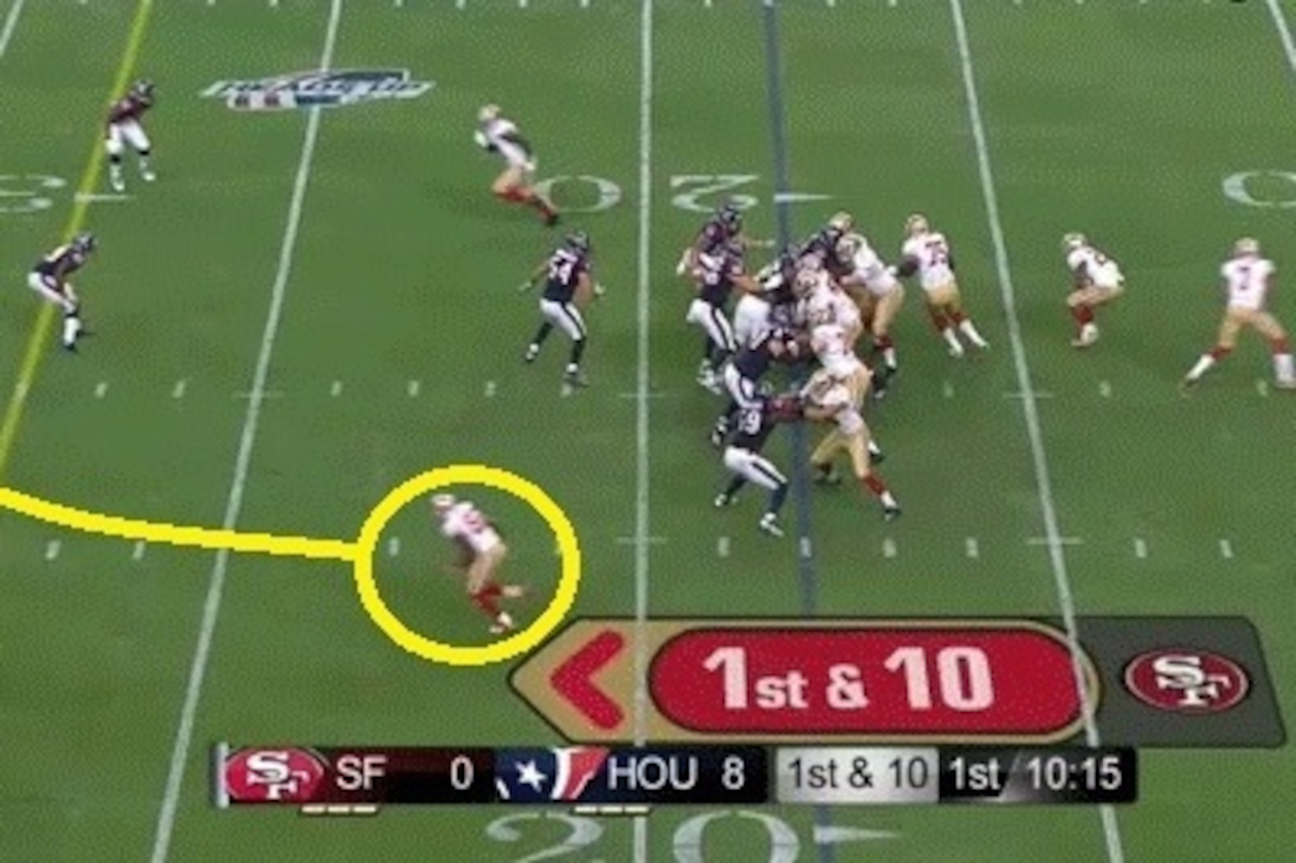 Wide receiver Torrey Smith (yellow) will run a deep route after cutting across to his right.