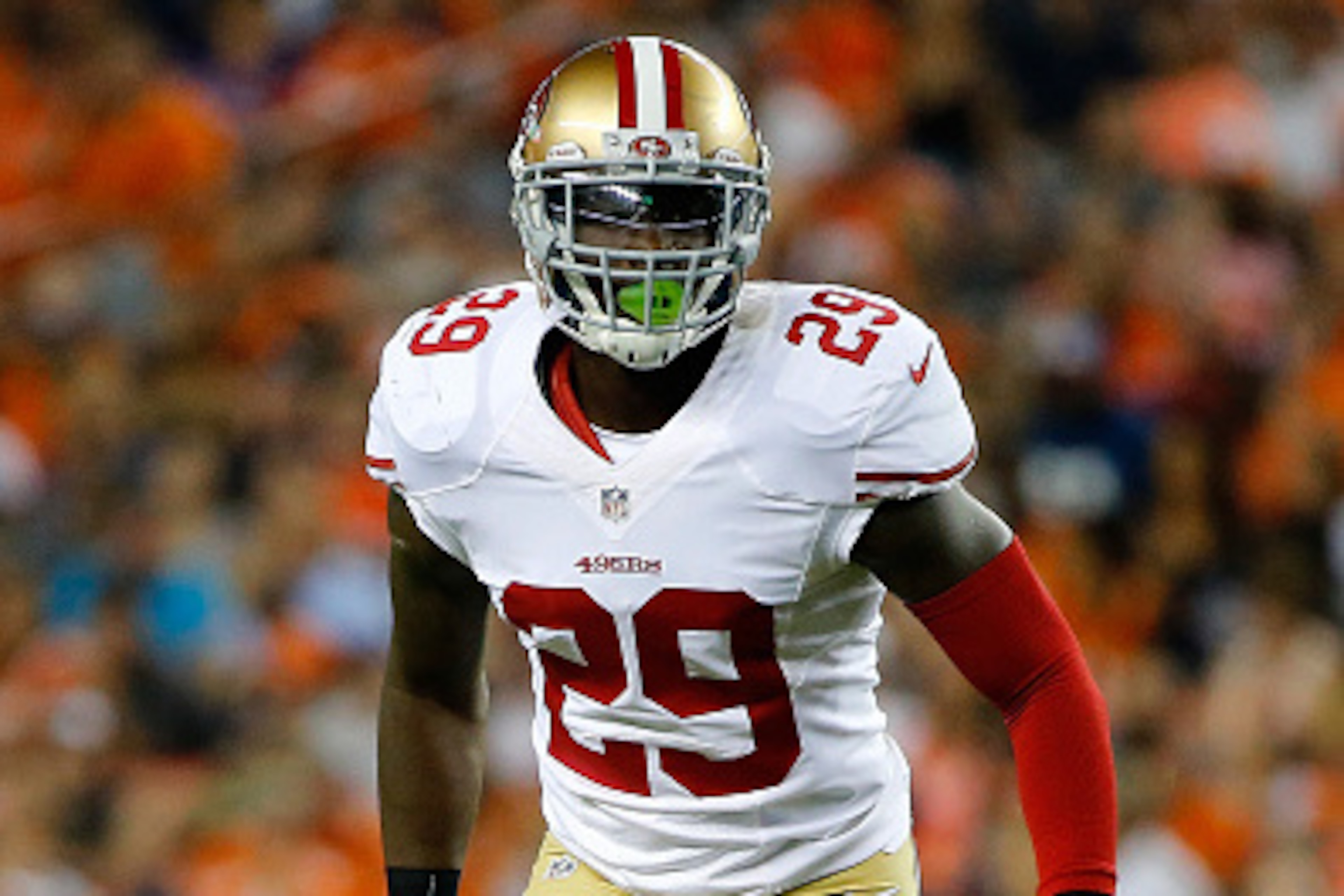 DENVER, CO - AUGUST 29:  Strong safety Jaquiski Tartt #29 of the San Francisco 49ers plays defense against the Denver Broncos during preseason action at Sports Authority Field at Mile High on August 29, 2015 in Denver, Colorado. The Broncos defeated the 4
