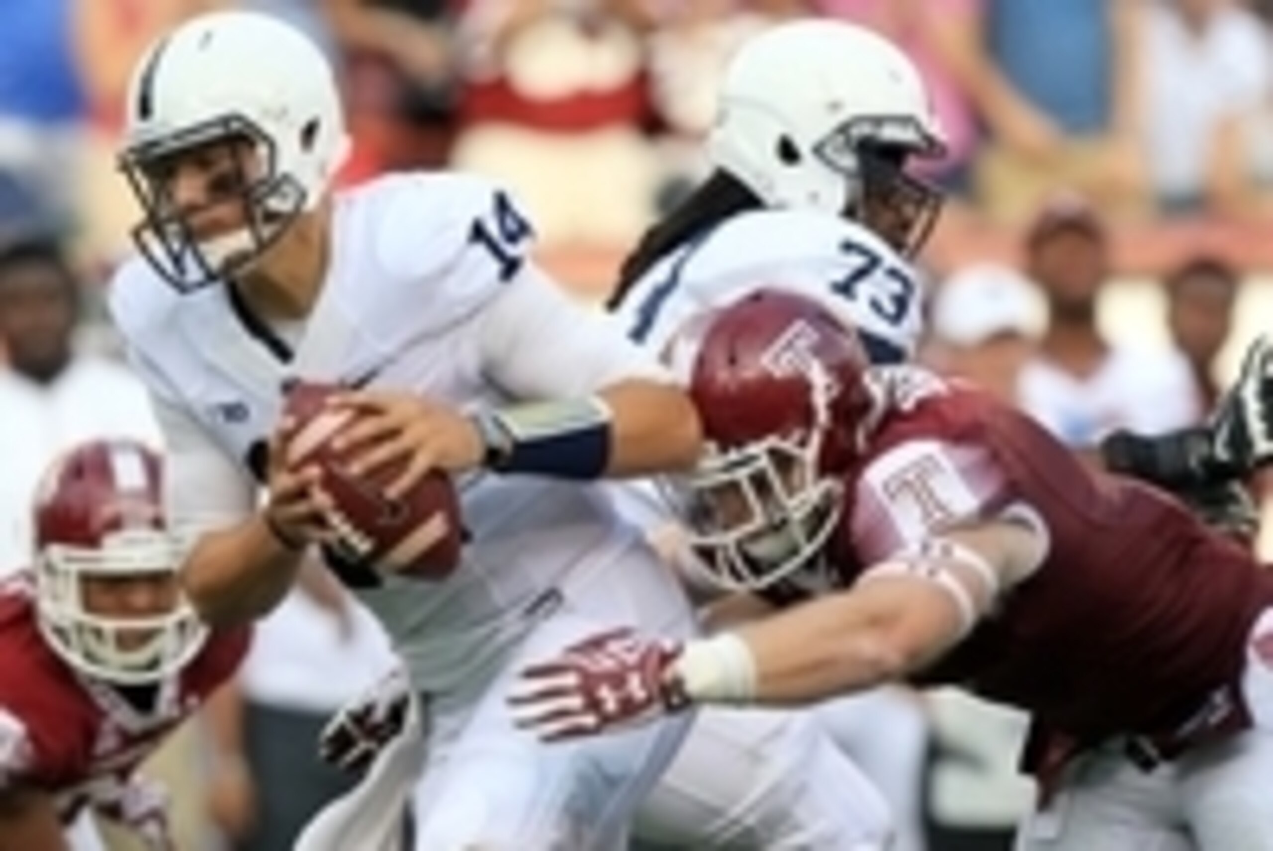 Sep 5, 2015; Philadelphia, PA, USA; Penn State Nittany Lions quarterback Christian Hackenberg (14) is sacked by Temple Owls linebacker Tyler Matakevich (8) during the third quarter at Lincoln Financial Field. Temple defeated Penn State 27-10. Mandatory Cr