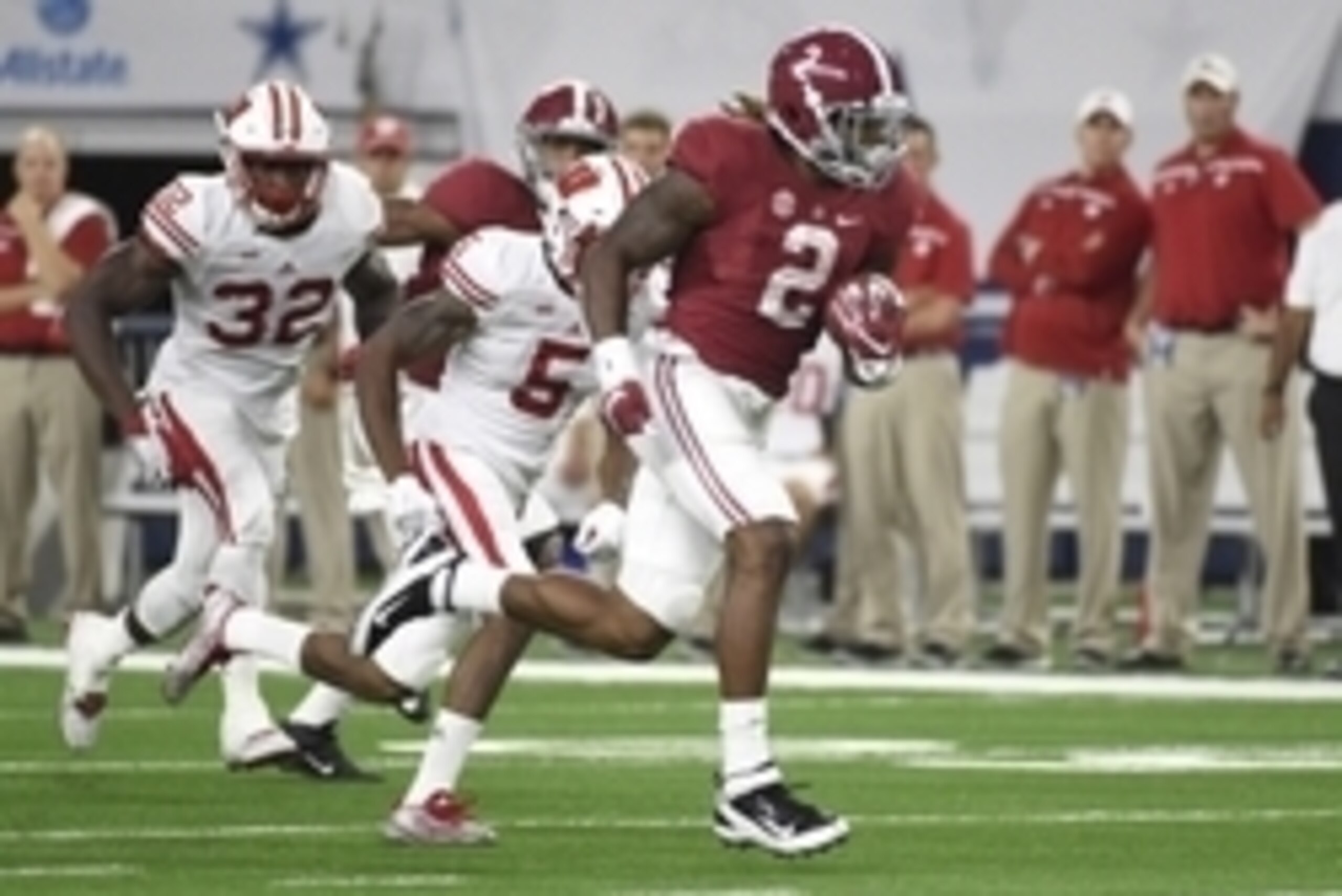 Sep 5, 2015; Arlington, TX, USA; Alabama Crimson Tide running back Derrick Henry (2) runs in a touchdown against the Wisconsin Badgers during the third quarter at AT&T Stadium. Mandatory Credit: Richard Mackson-USA TODAY Sports