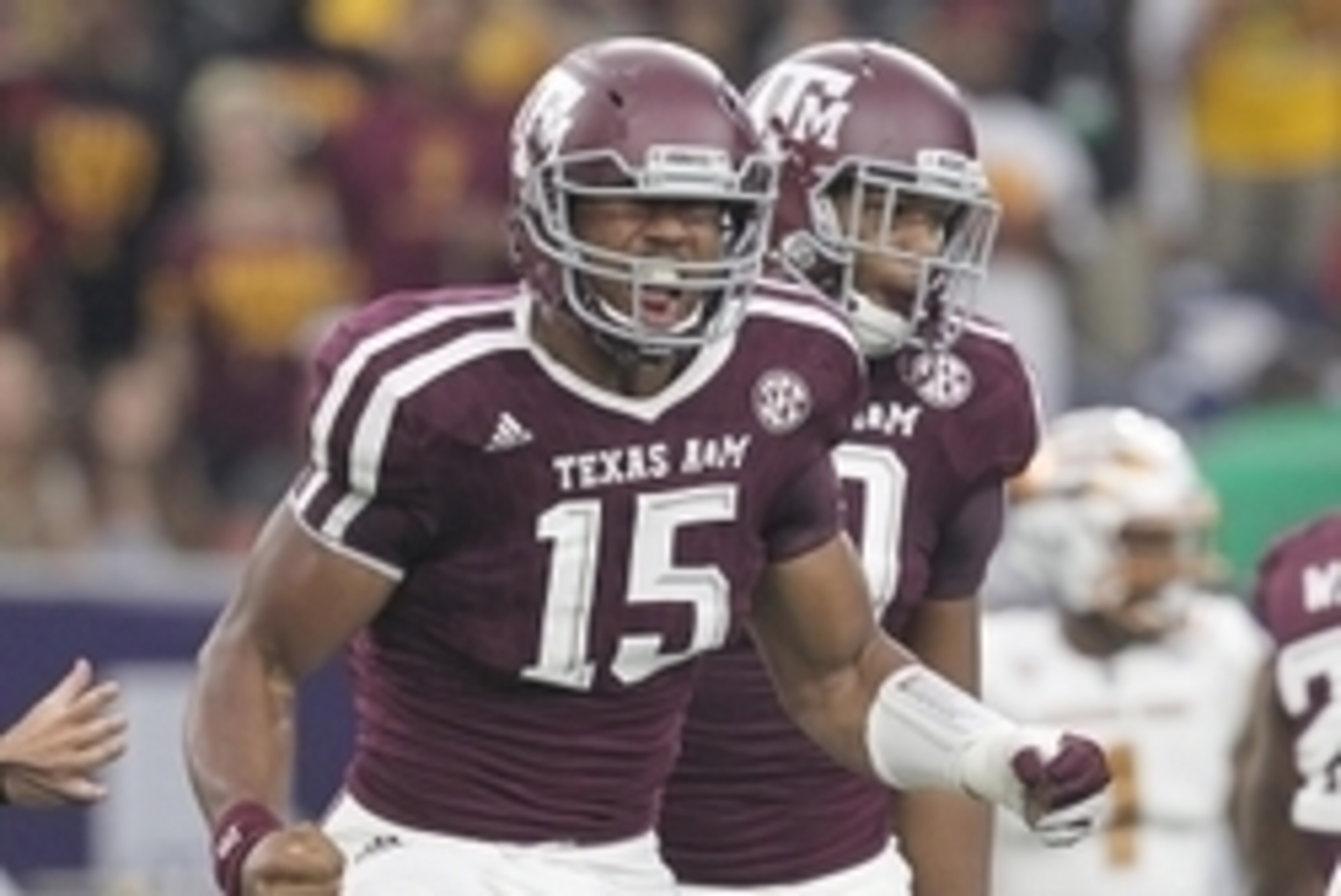 Sep 5, 2015; Houston, TX, USA; Texas A&M Aggies defensive lineman Myles Garrett (15) celebrates his sack against Arizona State Sun Devils quarterback Mike Bercovici (2) (not pictured)in the first quarter at NRG Stadium. Mandatory Credit: Thomas B. Shea-U Sep 5, 2015; Houston, TX, USA; Texas A&M Aggies defensive lineman Myles Garrett (15) celebrates his sack against Arizona State Sun Devils quarterback Mike Bercovici (2) (not pictured)in the first quarter at NRG Stadium. Mandatory Credit: Thomas B. Shea-U