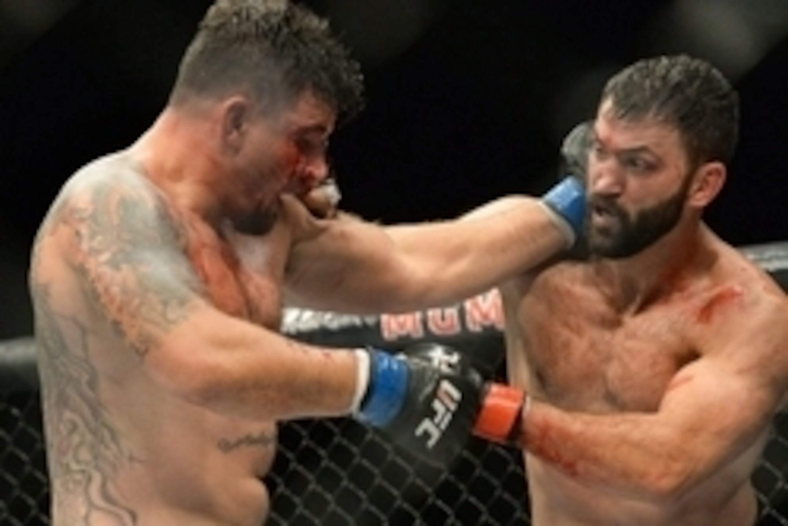 Sep 5, 2015; Las Vegas, NV, USA; Frank Mir (blue gloves) and Andrei Arlovski (red gloves) during their heavyweight bout at UFC 191 at MGM Grand Garden Arena. Mandatory Credit: Jayne Kamin-Oncea-USA TODAY Sports
