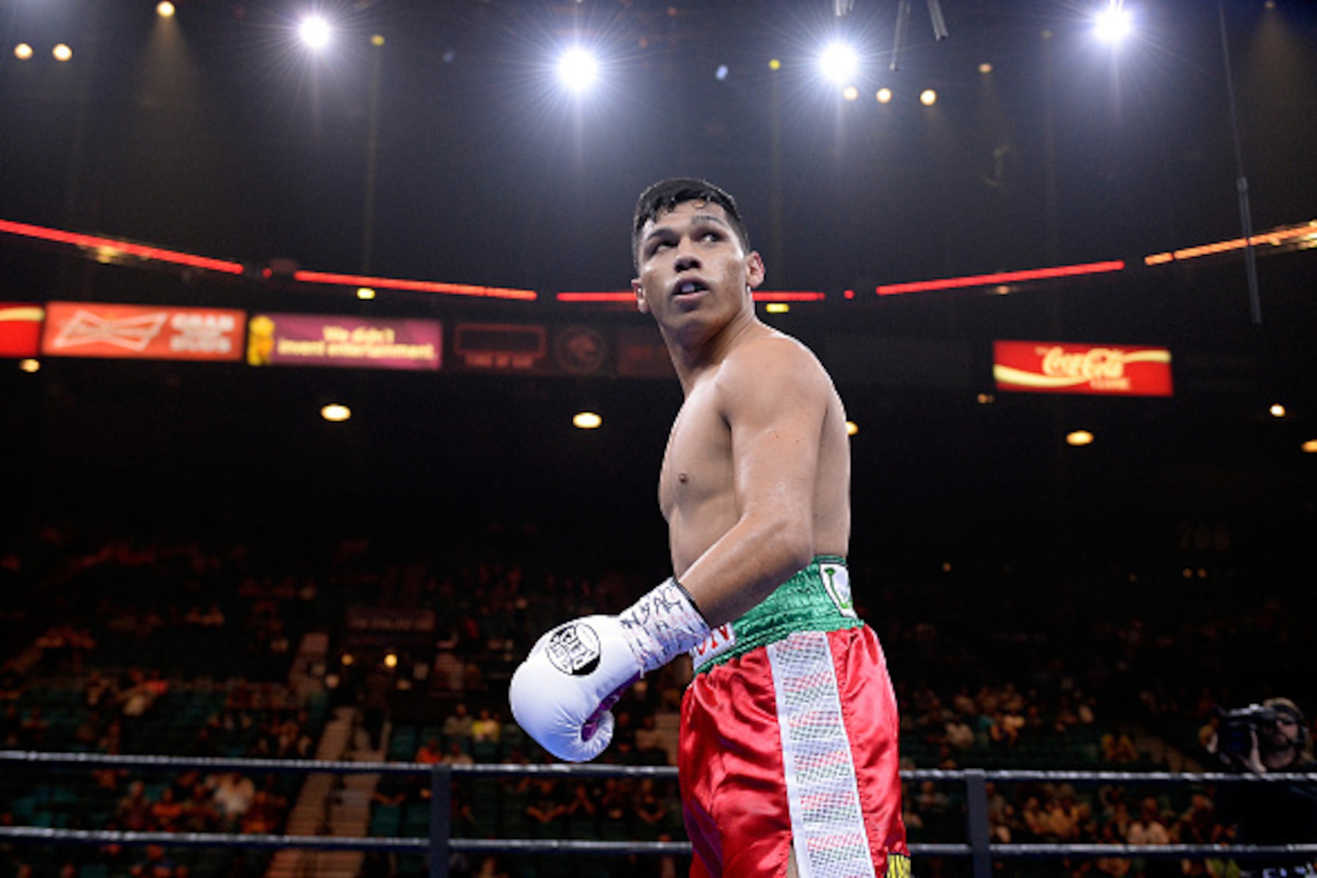 LAS VEGAS, NV - MARCH 07:  Jorge Lara looks on against Mario Macias during a Premier Boxing Champions bout in the MGM Grand Garden Arena on March 7, 2015 in Las Vegas, Nevada.  (Photo by Harry How/Getty Images)