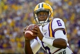 Sep 5, 2015; Baton Rouge, LA, USA; LSU Tigers quarterback Brandon Harris (6) before a game against the McNeese State Cowboys at Tiger Stadium. Mandatory Credit: Derick E. Hingle-USA TODAY Sports