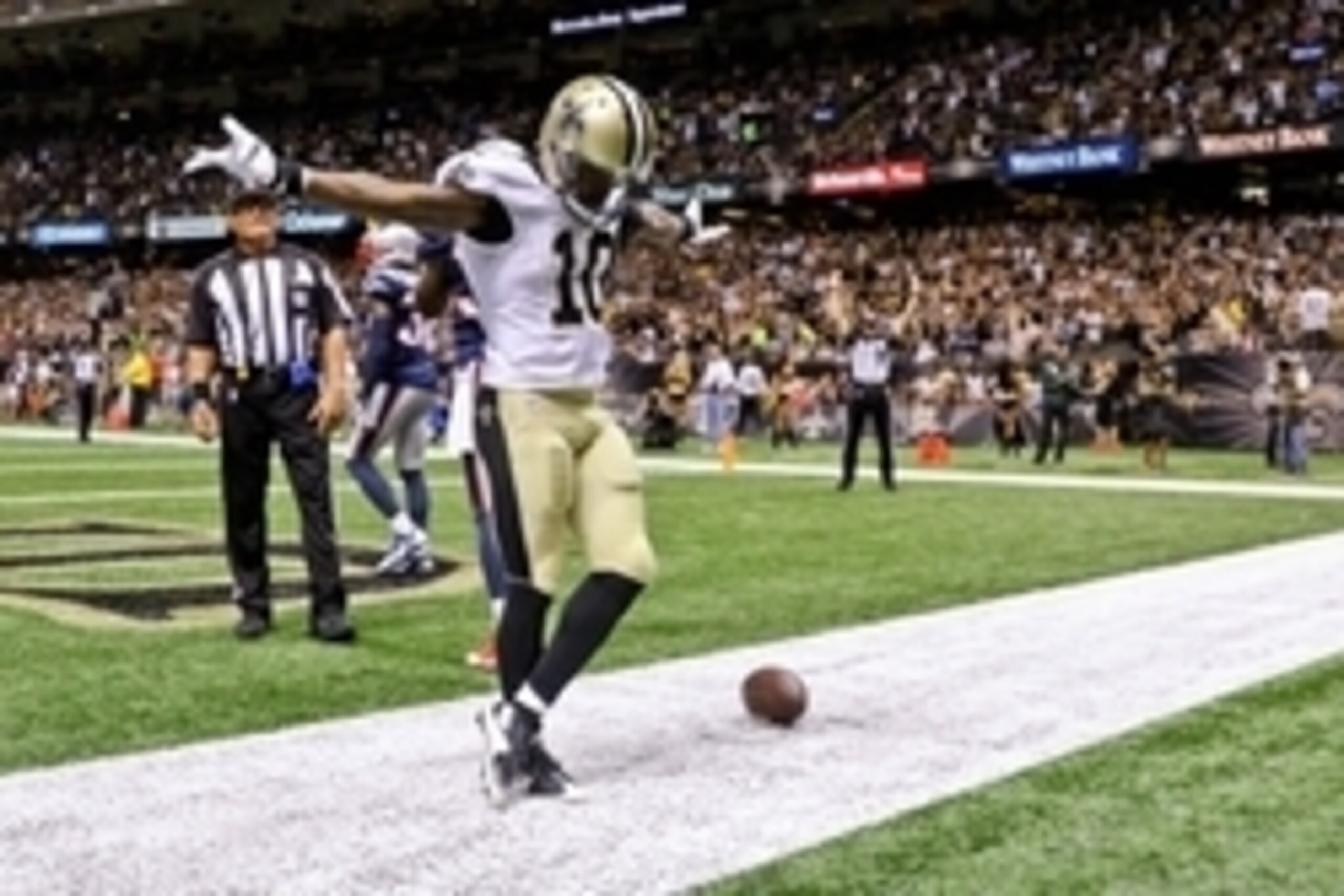 Aug 22, 2015; New Orleans, LA, USA; New Orleans Saints wide receiver Brandin Cooks (10) celebrates following a touchdown against the New England Patriots during the second quarter of a preseason game at the Mercedes-Benz Superdome. Mandatory Credit: Deric Aug 22, 2015; New Orleans, LA, USA; New Orleans Saints wide receiver Brandin Cooks (10) celebrates following a touchdown against the New England Patriots during the second quarter of a preseason game at the Mercedes-Benz Superdome. Mandatory Credit: Deric