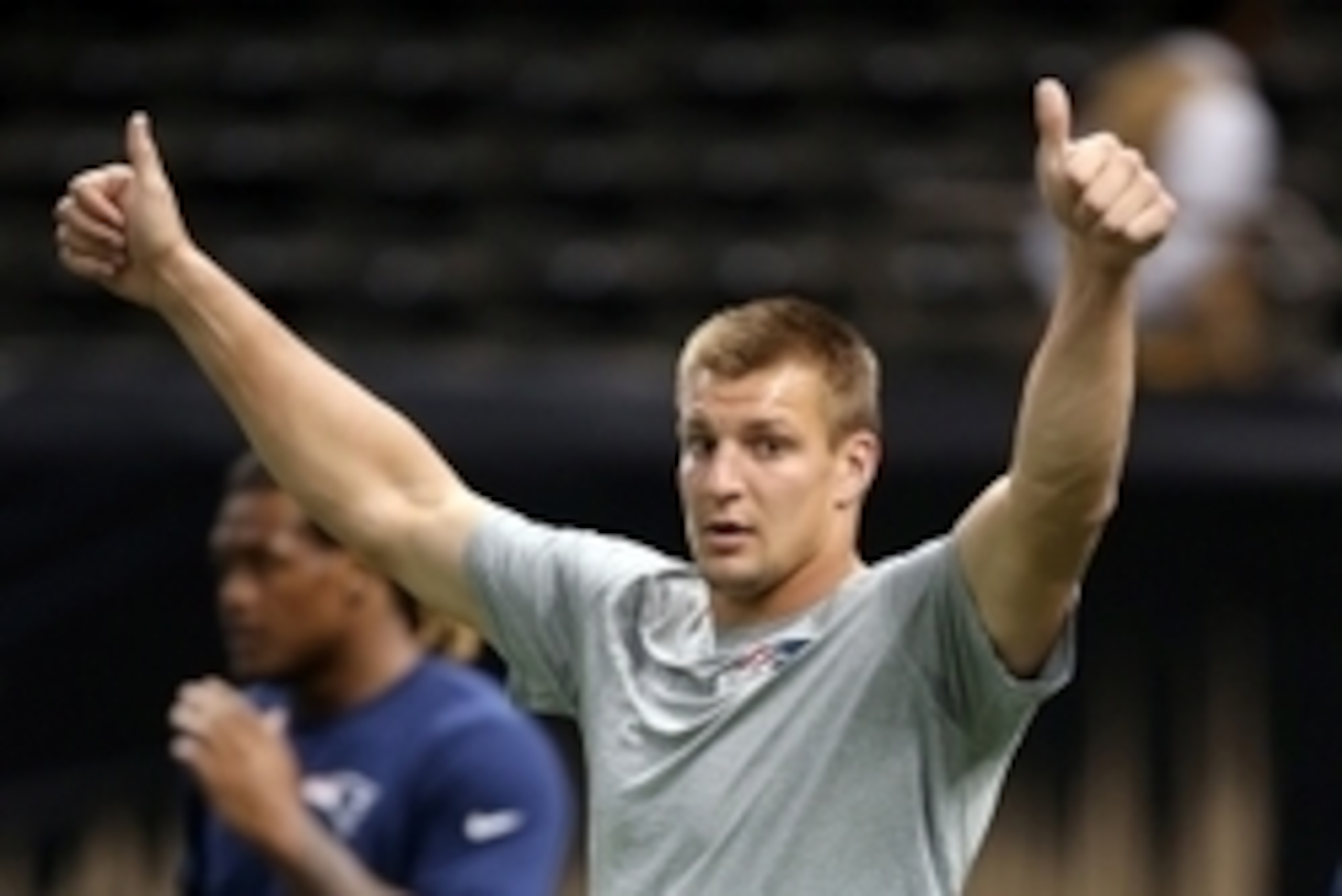 Aug 22, 2015; New Orleans, LA, USA; New England Patriots tight end Rob Gronkowski (87) gestures before their game against the New Orleans Saints at Mercedes-Benz Superdome. Mandatory Credit: Chuck Cook-USA TODAY Sports