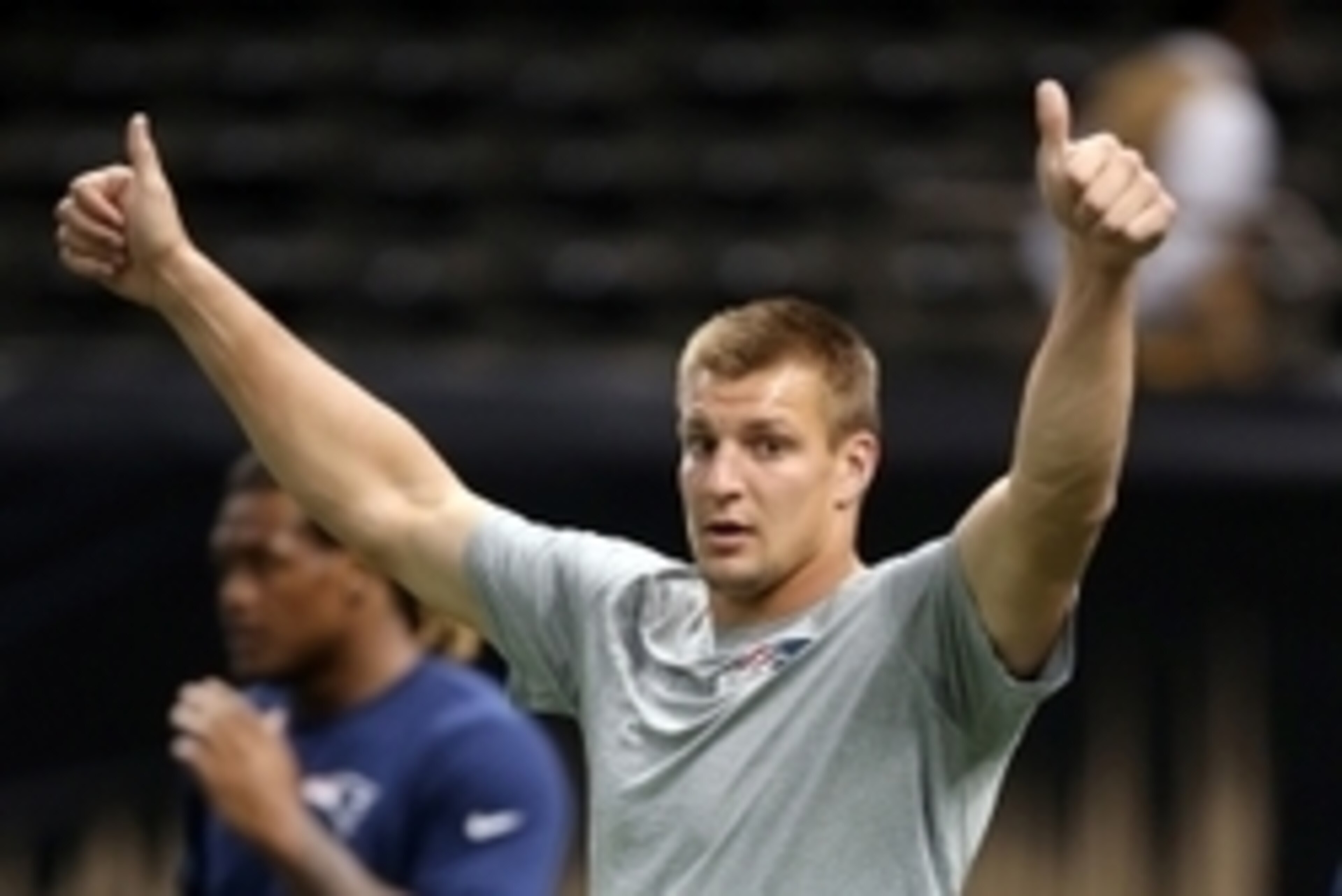 Aug 22, 2015; New Orleans, LA, USA; New England Patriots tight end Rob Gronkowski (87) gestures before their game against the New Orleans Saints at Mercedes-Benz Superdome. Mandatory Credit: Chuck Cook-USA TODAY Sports