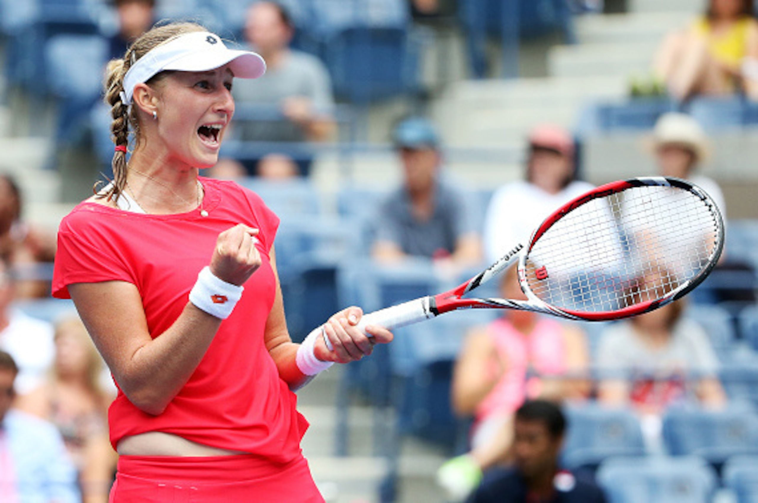NEW YORK, NY - SEPTEMBER 04:  Ekaterina Makarova of Russia celebrates against Elina Svitolina of the Ukraine during their Women's Singles Third Round match on Day Five of the 2015 US Open at the USTA Billie Jean King National Tennis Center on September 4,
