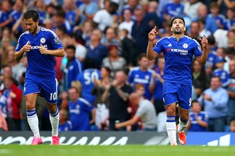 LONDON, ENGLAND - AUGUST 29:  Radamel Falcao Garcia (R) of Chelsea celebrates scoring his team's first goal during the Barclays Premier League match between Chelsea and Crystal Palace at Stamford Bridge on August 29, 2015 in London, England.  (Photo by Pa