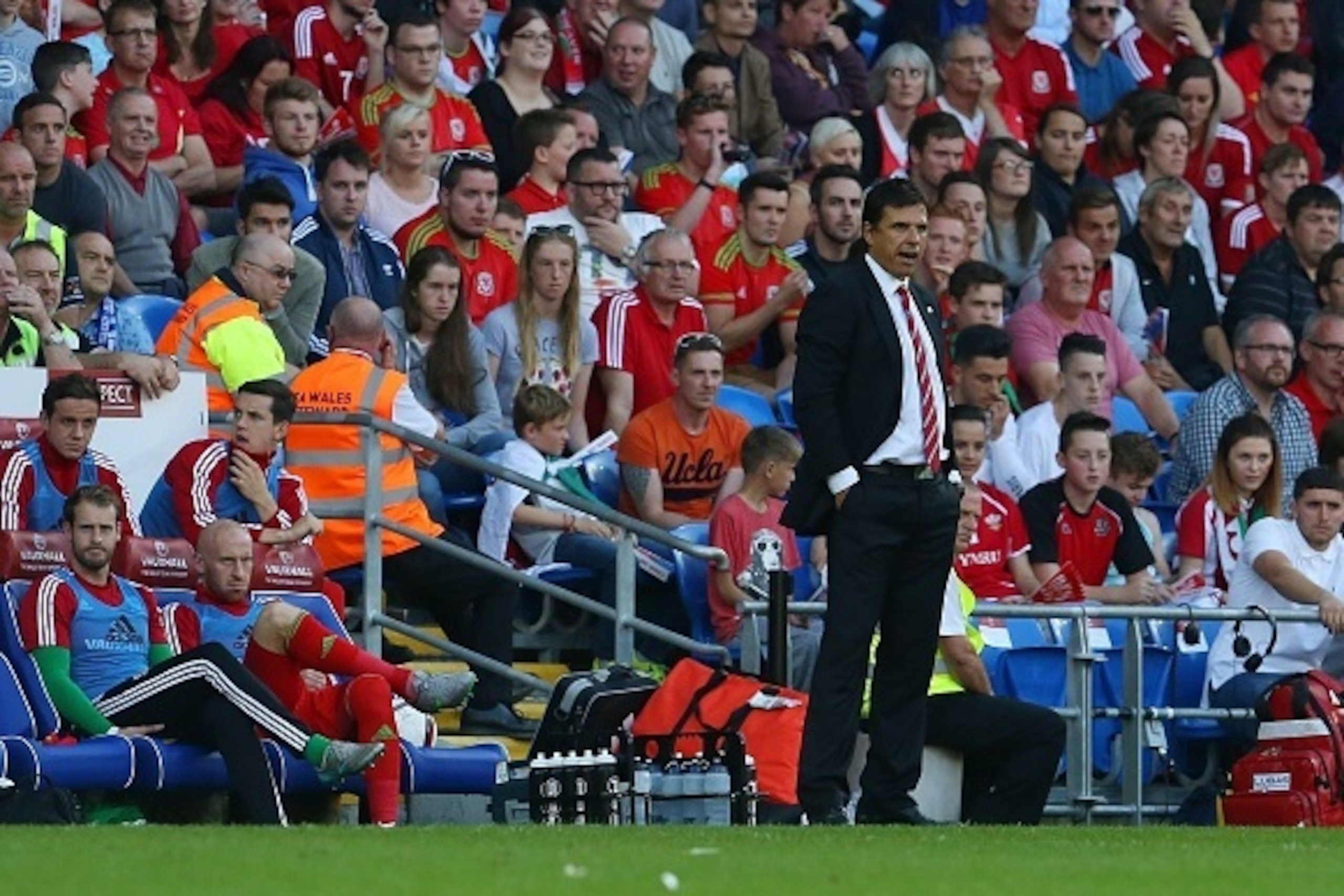 Wales's manager Chris Coleman stands on the touchline during  the Euro 2016 qualifying group B football match between Wales and Israel at Cardiff City Stadium in Cardiff, south Wales, on September 6, 2015.  Wales will have to wait to secure a historic qua