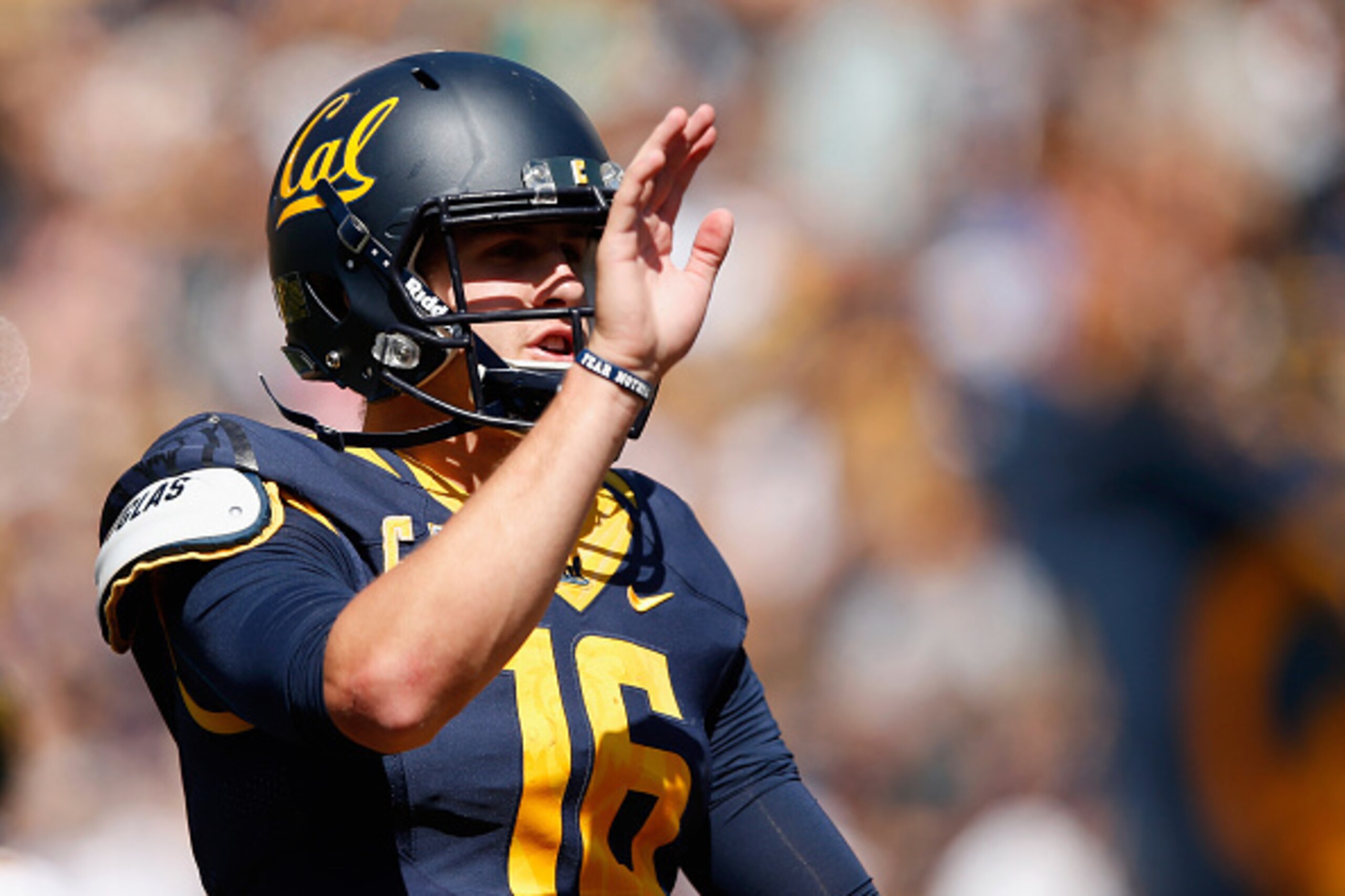 BERKELEY, CA - SEPTEMBER 05:  Jared Goff #16 of the California Golden Bears reacts after the Bears scored a touchdown against the Grambling State Tigers at California Memorial Stadium on September 5, 2015 in Berkeley, California.  (Photo by Ezra Shaw/Gett