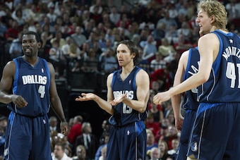 PORTLAND, OR - MAY 2:  Michael Finley #4, Steve Nash #13 and Dirk Nowitzki #41 of the Dallas Mavericks react to a call during Game six against the Portland Trail Blazers at the Western Conference Quarterfinals during the 2003 NBA Playoffs at The Rose Gard