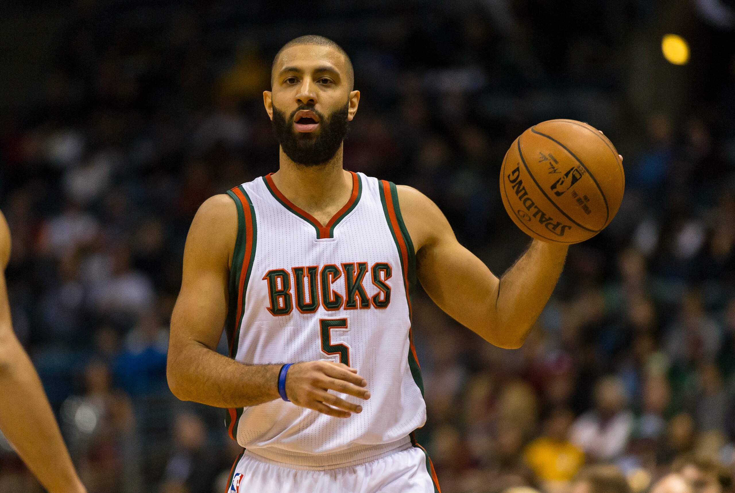 Dec 3, 2014; Milwaukee, WI, USA; Milwaukee Bucks guard Kendall Marshall (5) during the game against the Dallas Mavericks at BMO Harris Bradley Center.  Dallas won 107-105.  Mandatory Credit: Jeff Hanisch-USA TODAY Sports