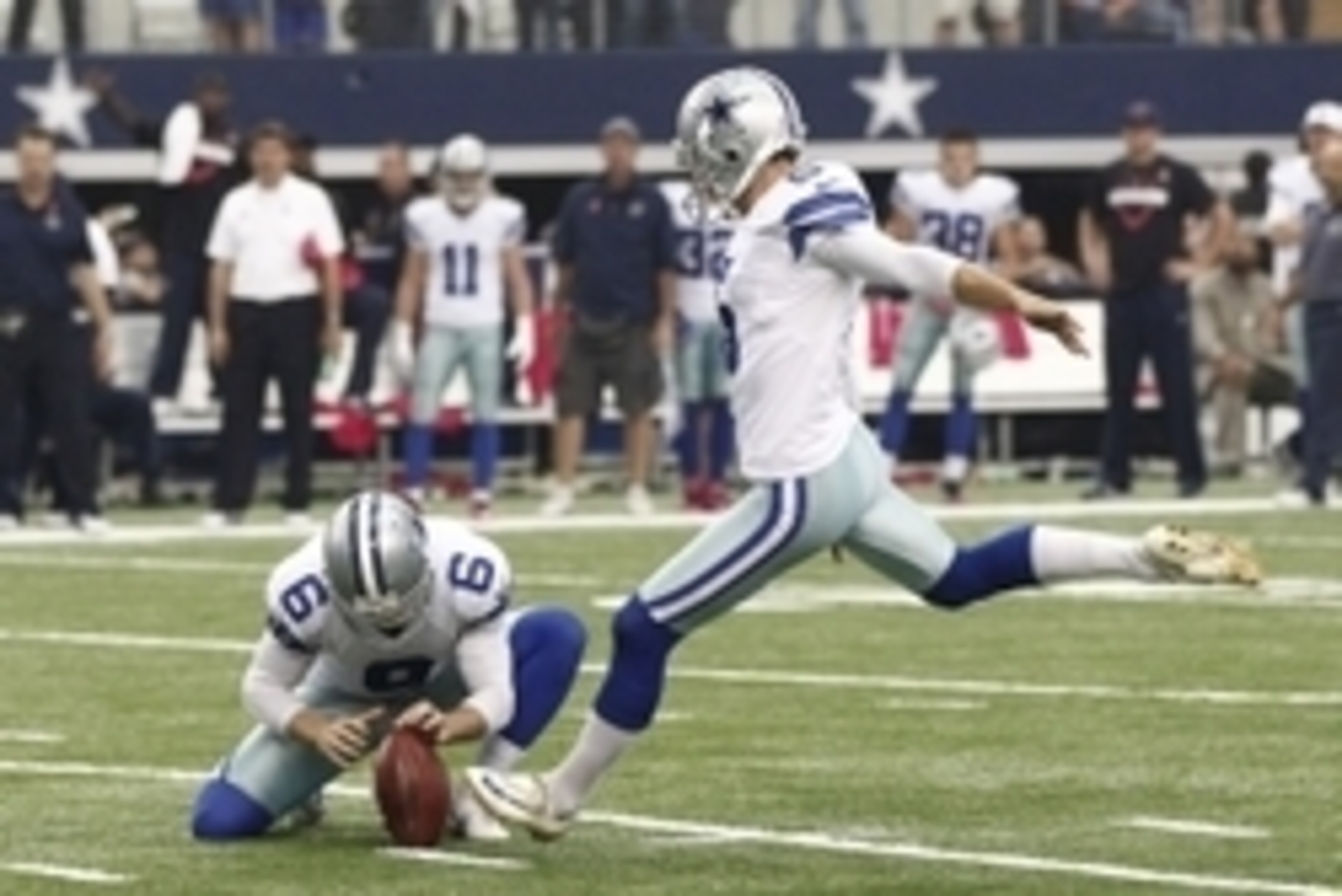 Oct 5, 2014; Arlington, TX, USA; Dallas Cowboys kicker Dan Bailey (5) kicks the game winning field goal in overtime against the Houston Texans at AT&T Stadium. Dallas beat Houston 20-17. Mandatory Credit: Tim Heitman-USA TODAY Sports Oct 5, 2014; Arlington, TX, USA; Dallas Cowboys kicker Dan Bailey (5) kicks the game winning field goal in overtime against the Houston Texans at AT&T Stadium. Dallas beat Houston 20-17. Mandatory Credit: Tim Heitman-USA TODAY Sports