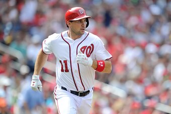 WASHINGTON, DC - AUGUST 30:  Ryan Zimmerman #11 of the Washington Nationals runs to first base against the Miami Marlins at Nationals Park on August 30, 2015 in Washington, DC.  (Photo by G Fiume/Getty Images)