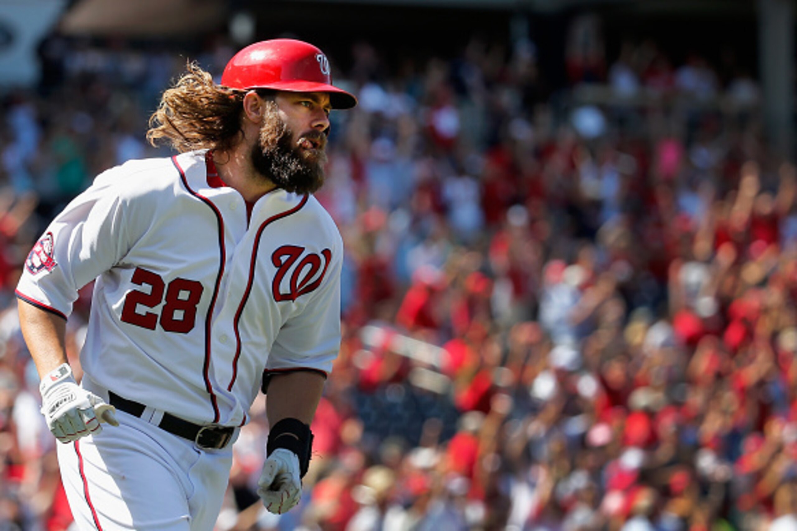 WASHINGTON, DC - SEPTEMBER 06: Jayson Werth #28 of the Washington Nationals follows his three RBI home run against the Atlanta Braves in the second inning at Nationals Park on September 6, 2015 in Washington, DC.  (Photo by Rob Carr/Getty Images)