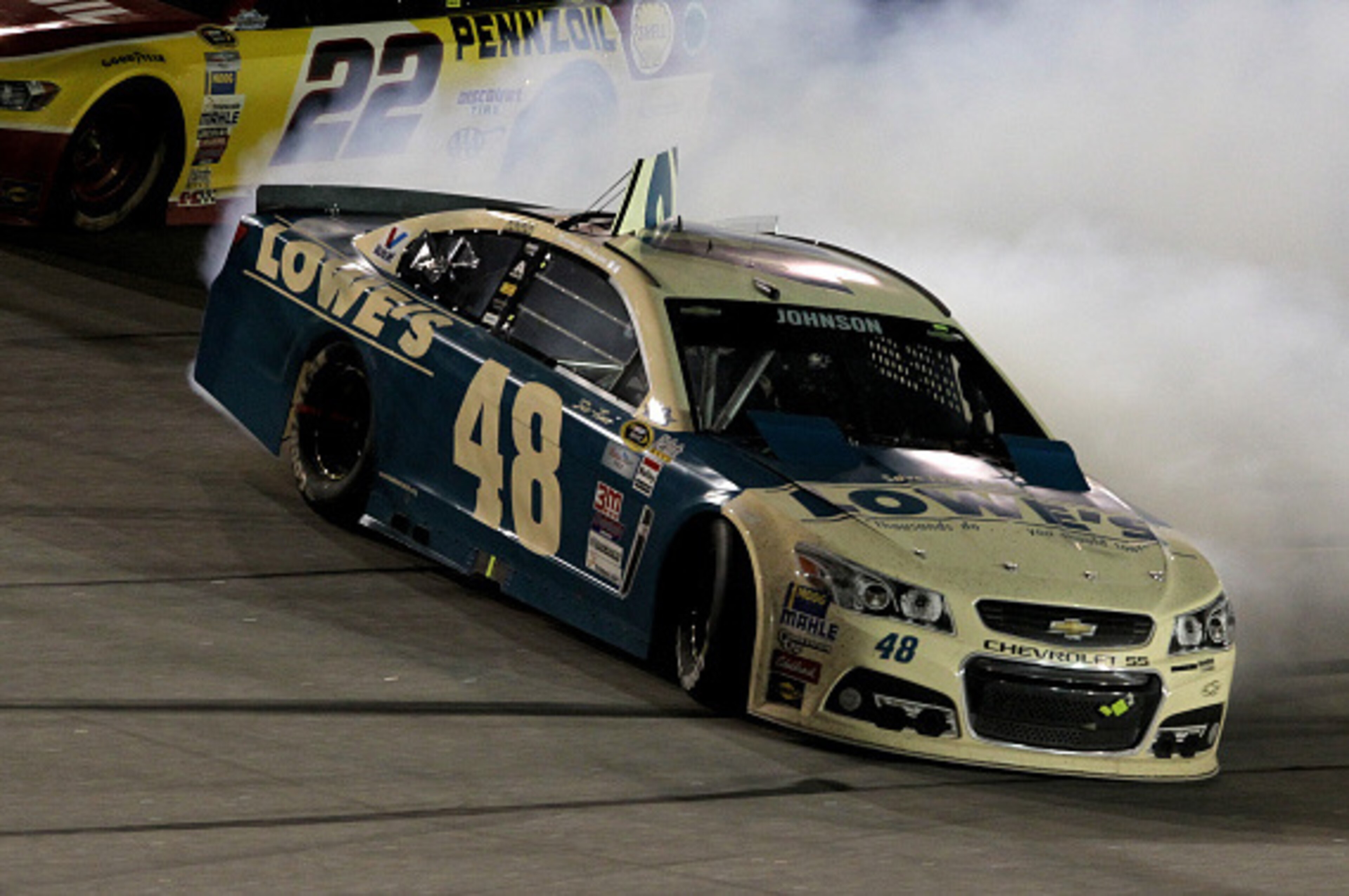 DARLINGTON, SC - SEPTEMBER 06: Jimmie Johnson, driver of the #48 Lowe's Chevrolet, spins on track during the NASCAR Sprint Cup Series Bojangles' Southern 500 at Darlington Raceway on September 6, 2015 in Darlington, South Carolina. (Photo by Kena Krutsi DARLINGTON, SC - SEPTEMBER 06: Jimmie Johnson, driver of the #48 Lowe's Chevrolet, spins on track during the NASCAR Sprint Cup Series Bojangles' Southern 500 at Darlington Raceway on September 6, 2015 in Darlington, South Carolina. (Photo by Kena Krutsi