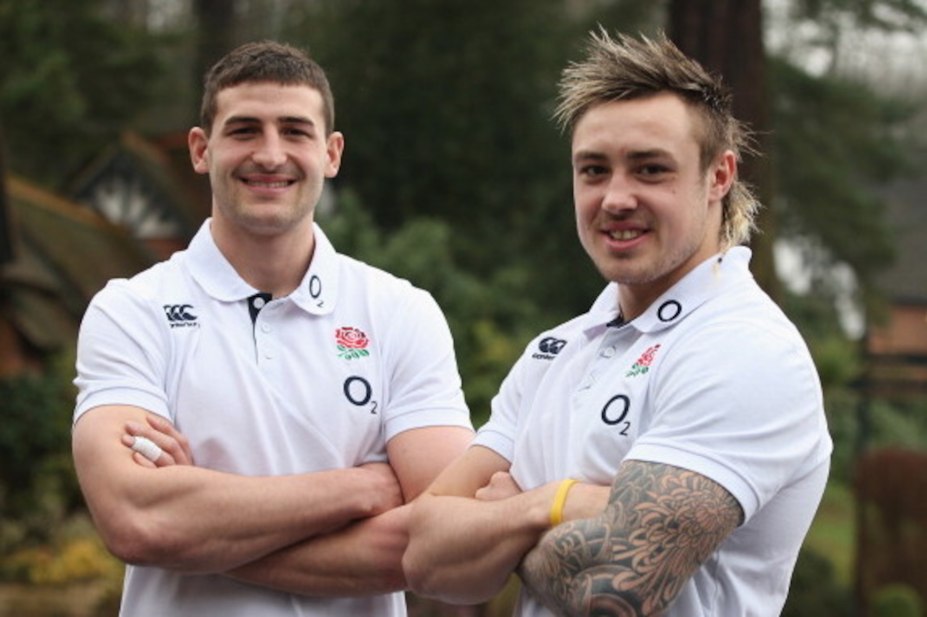 BAGSHOT, ENGLAND - JANUARY 30:  The England new wing partnership of Jonny May (L) and Jack Nowell during the England training session held at Pennyhill Park on January 30, 2014 in Bagshot, England.  (Photo by David Rogers/Getty Images)