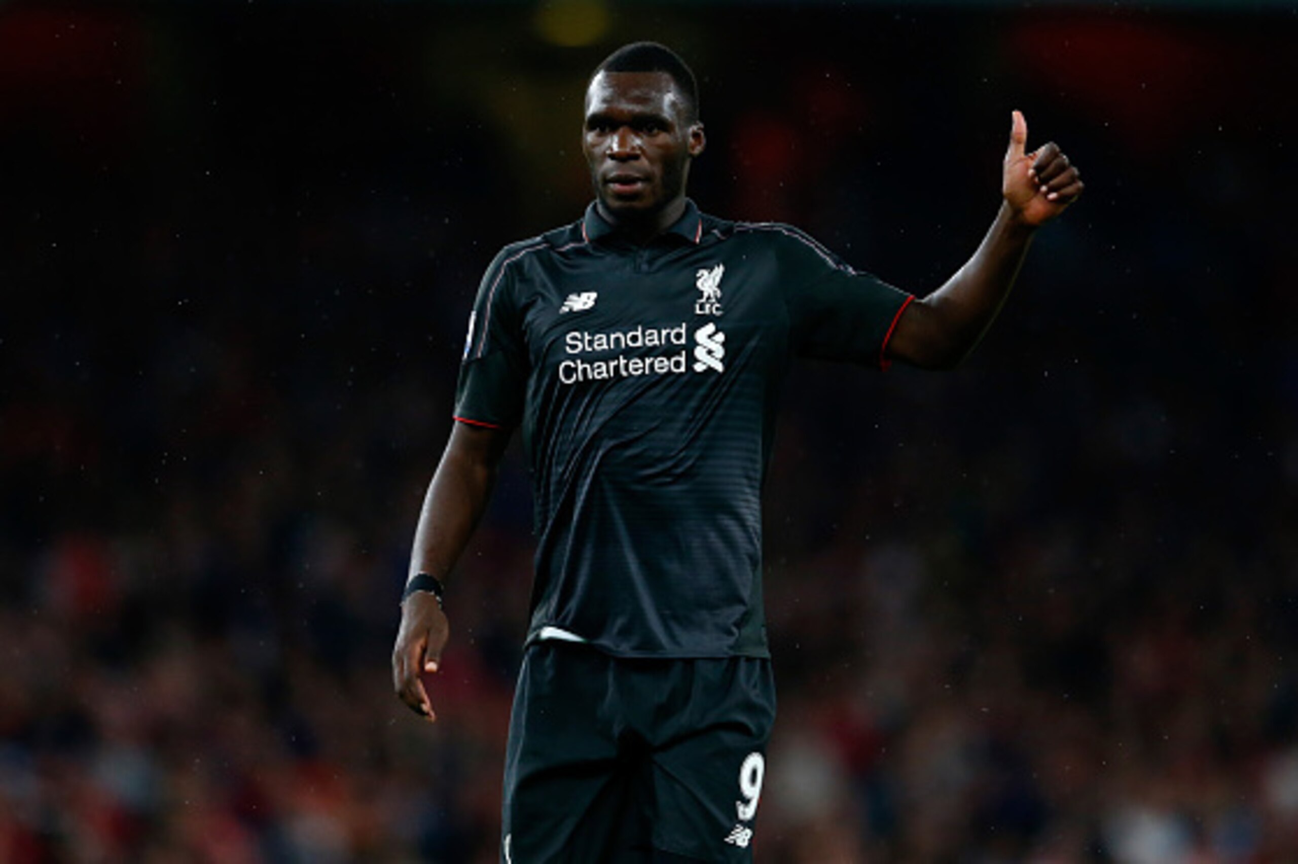 LONDON, ENGLAND - AUGUST 24:  Christian Benteke of Liverpool gives a thumbs up during the Barclays Premier League match between Arsenal and Liverpool at the Emirates Stadium on August 24, 2015 in London, United Kingdom.  (Photo by Julian Finney/Getty Imag