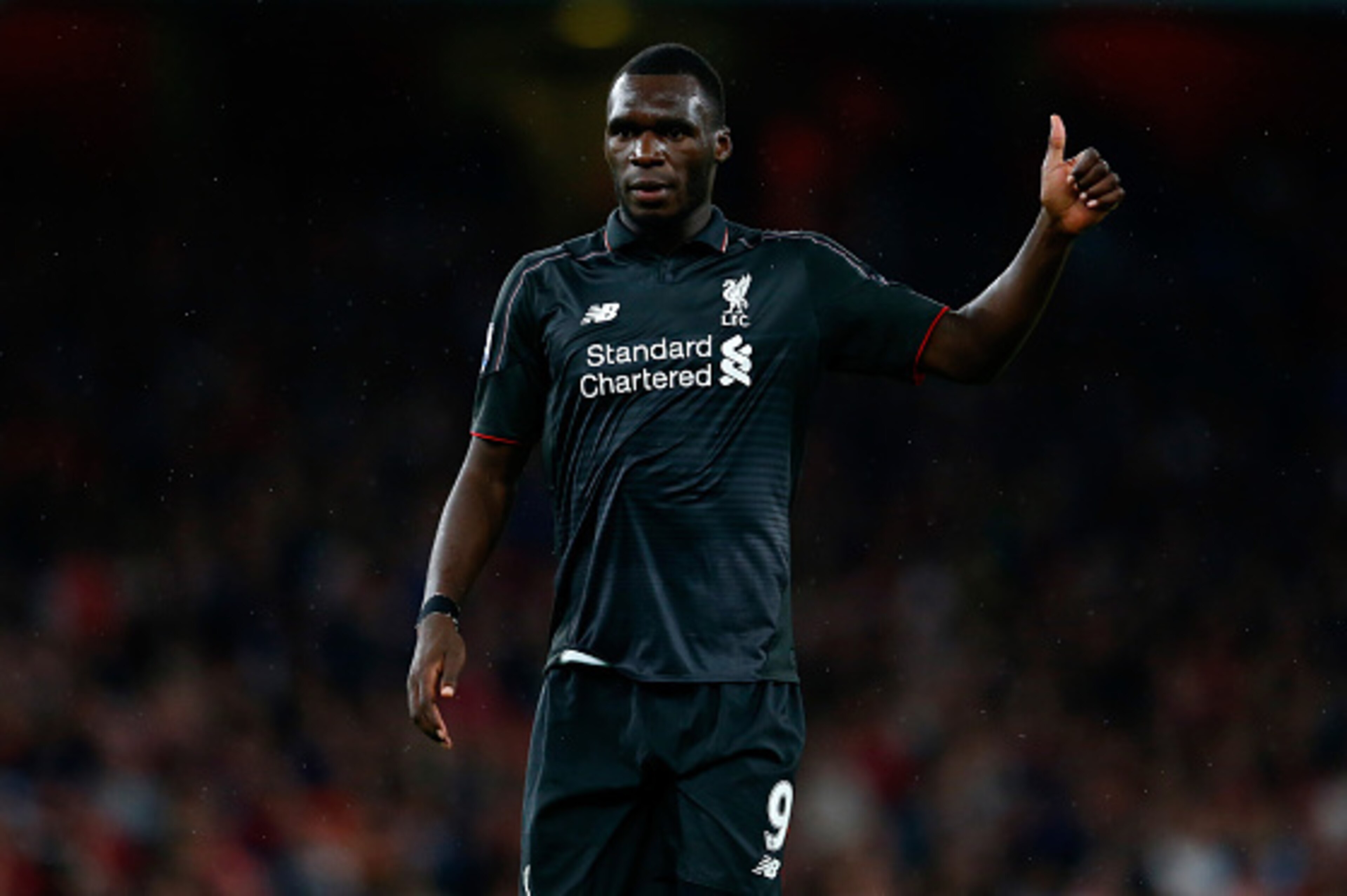 LONDON, ENGLAND - AUGUST 24:  Christian Benteke of Liverpool gives a thumbs up during the Barclays Premier League match between Arsenal and Liverpool at the Emirates Stadium on August 24, 2015 in London, United Kingdom.  (Photo by Julian Finney/Getty Imag