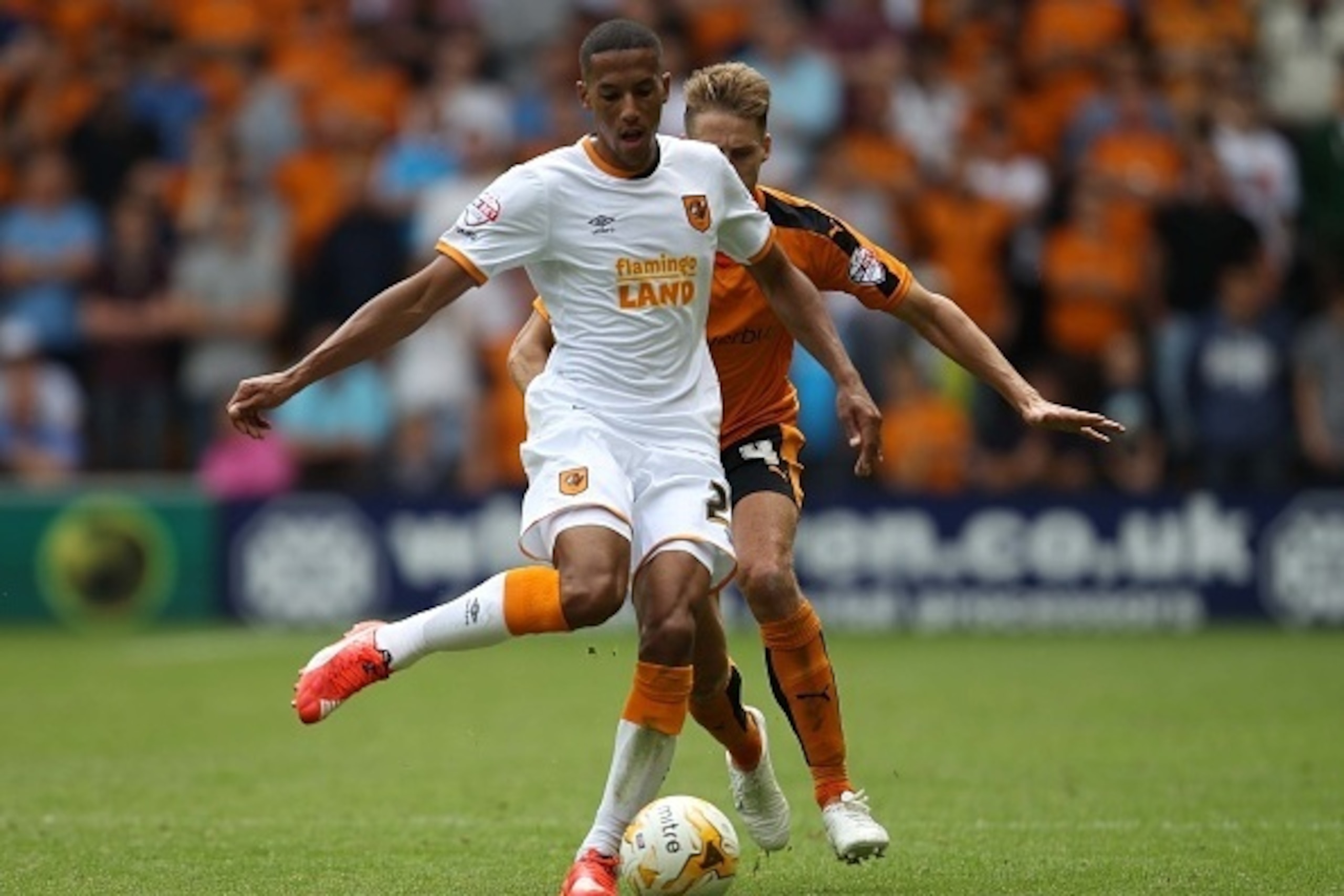 WOLVERHAMPTON, ENGLAND - AUGUST 16: Isaac Hayden of Hull City and Dave Edwards of Wolves during the Sky Bet Championship match between Wolverhampton Wanderers and Hull City at Molineux on August 16, 2015 in Wolverhampton, England.  (Photo by Harry Hubbard
